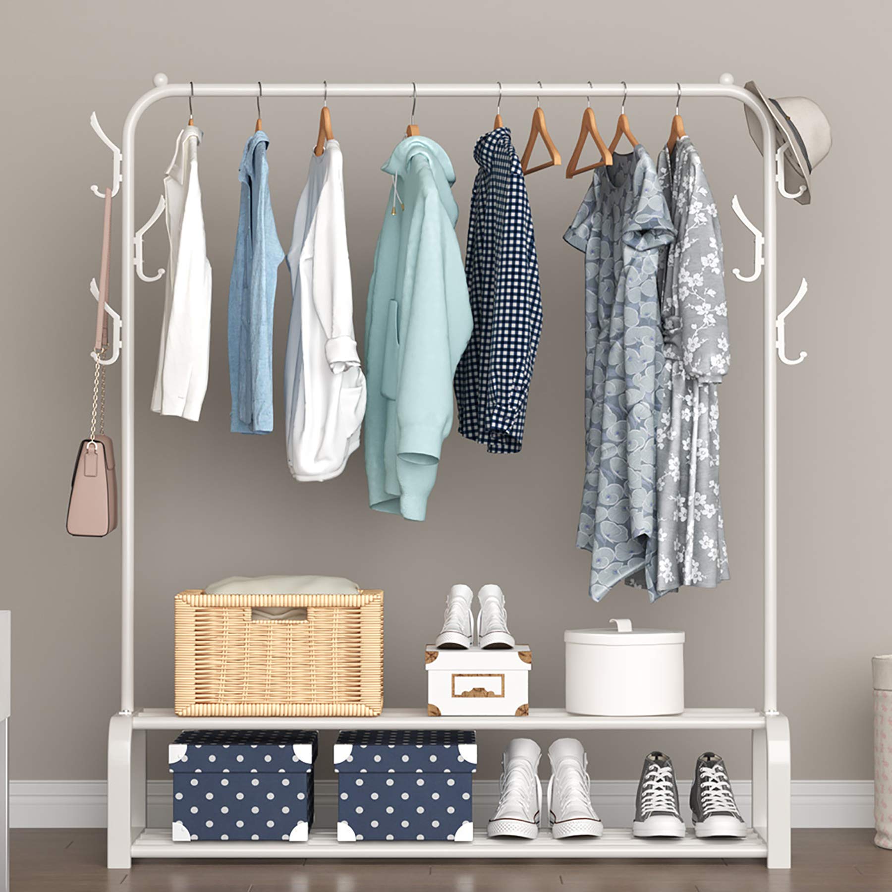 YAYI Freestanding Garment Rack with 2-Tier Storage Shelf & Side Hooks - White Clothes Hanger for Bedroom, Closet Organization & Laundry Room Storage