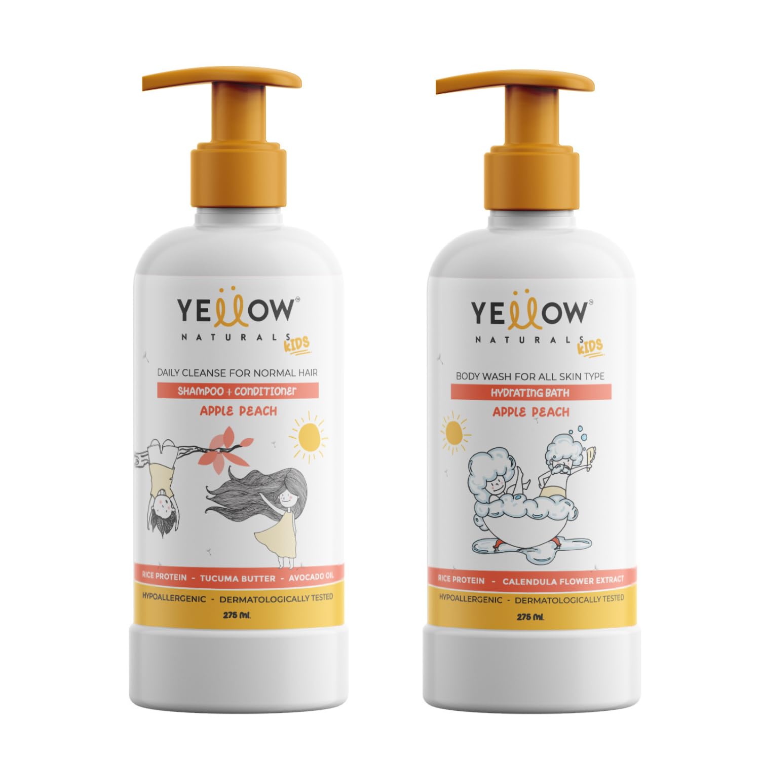 Yellow Naturals Kids Daily Cleanse Shampoo & Conditioner + Hydrating Body Wash Combo (4-12 Years) | Gentle Formula for All Skin Types | Apple Peach Scent | 2-Piece Set for Bath Time & Hair Care