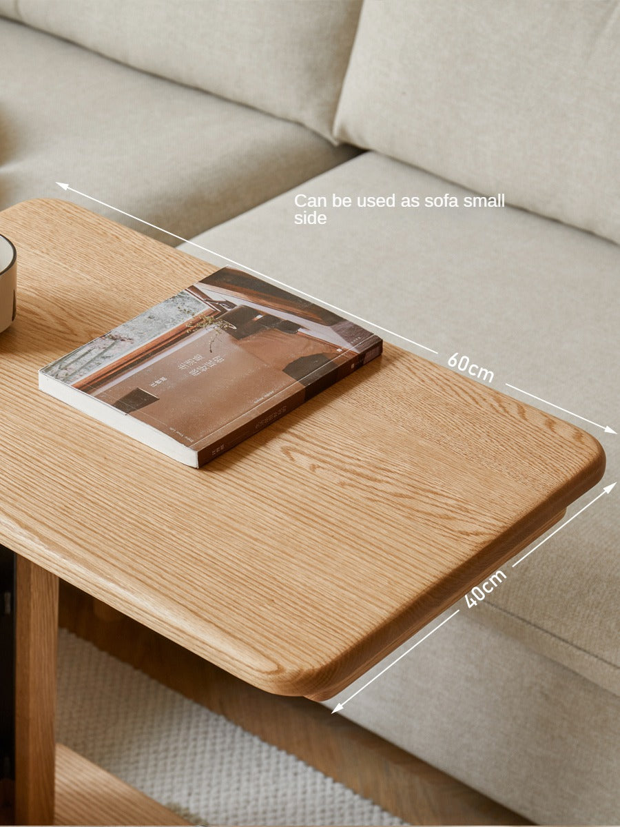 Solid Oak Wood Liftable Foldable Side Table - Adjustable Height for Living Room, Bedroom, or Office Use