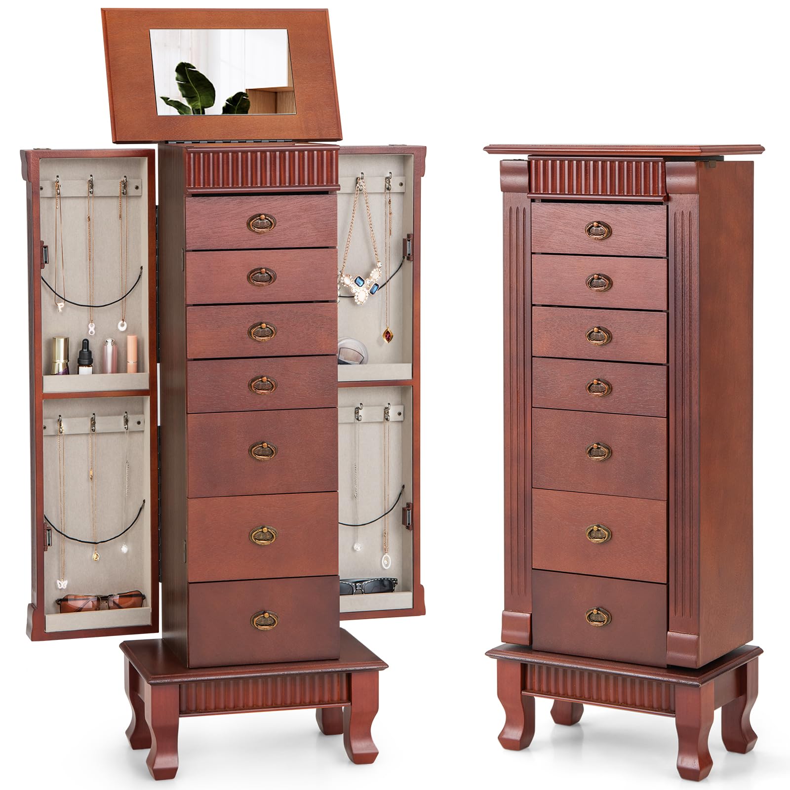 Giantex Large Standing Jewelry Armoire Cabinet with 7 Drawers & 2 Doors - Jewelry Storage Organizer with 12 Necklace Hooks, Makeup Mirror & Top Compartment - Perfect for Bedroom, Closet & Dressing Room Organization