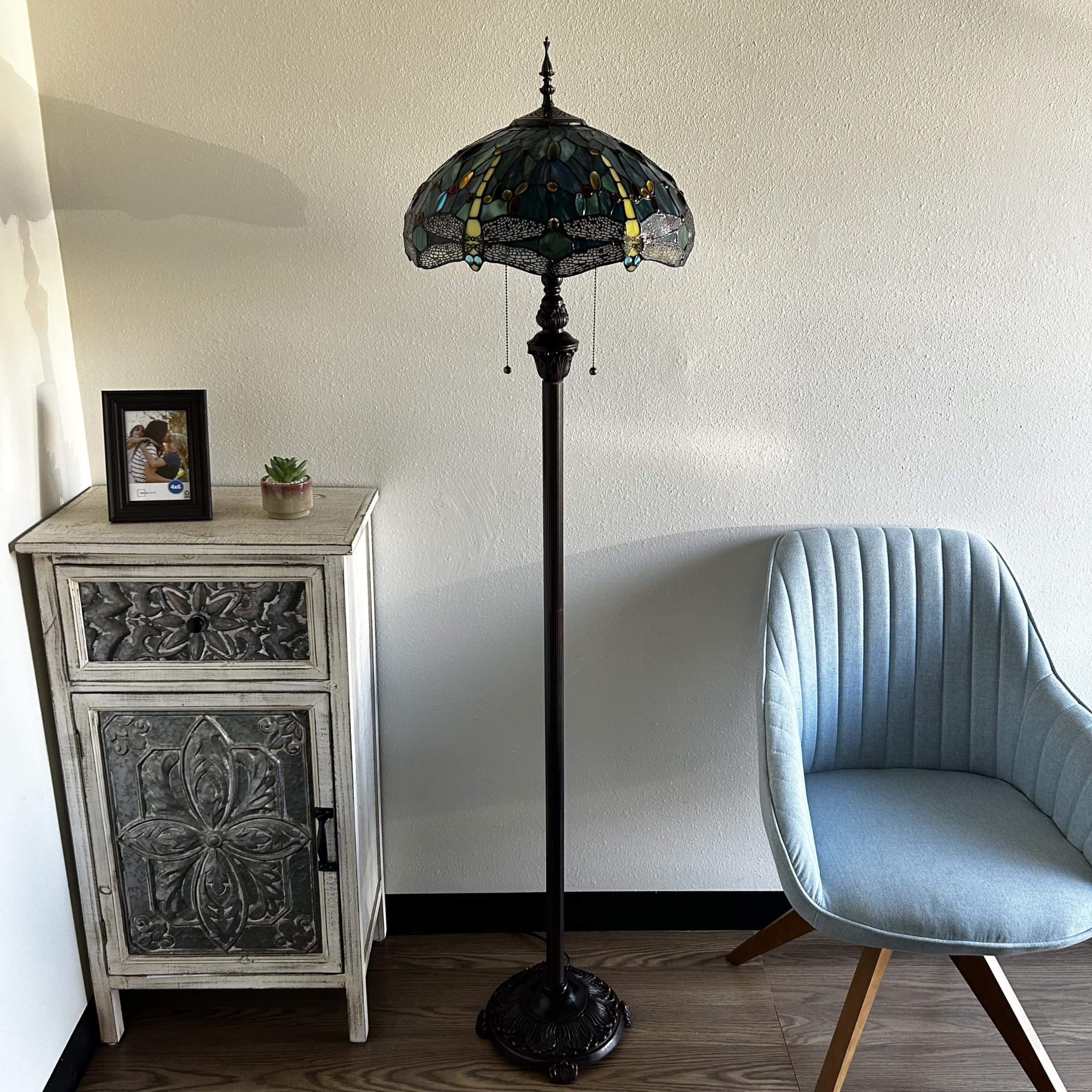 Tiffany Style Dragonfly Stained Glass Floor Lamp with Metal Base - Green & Blue Art Nouveau Design, Includes LED Bulbs (16