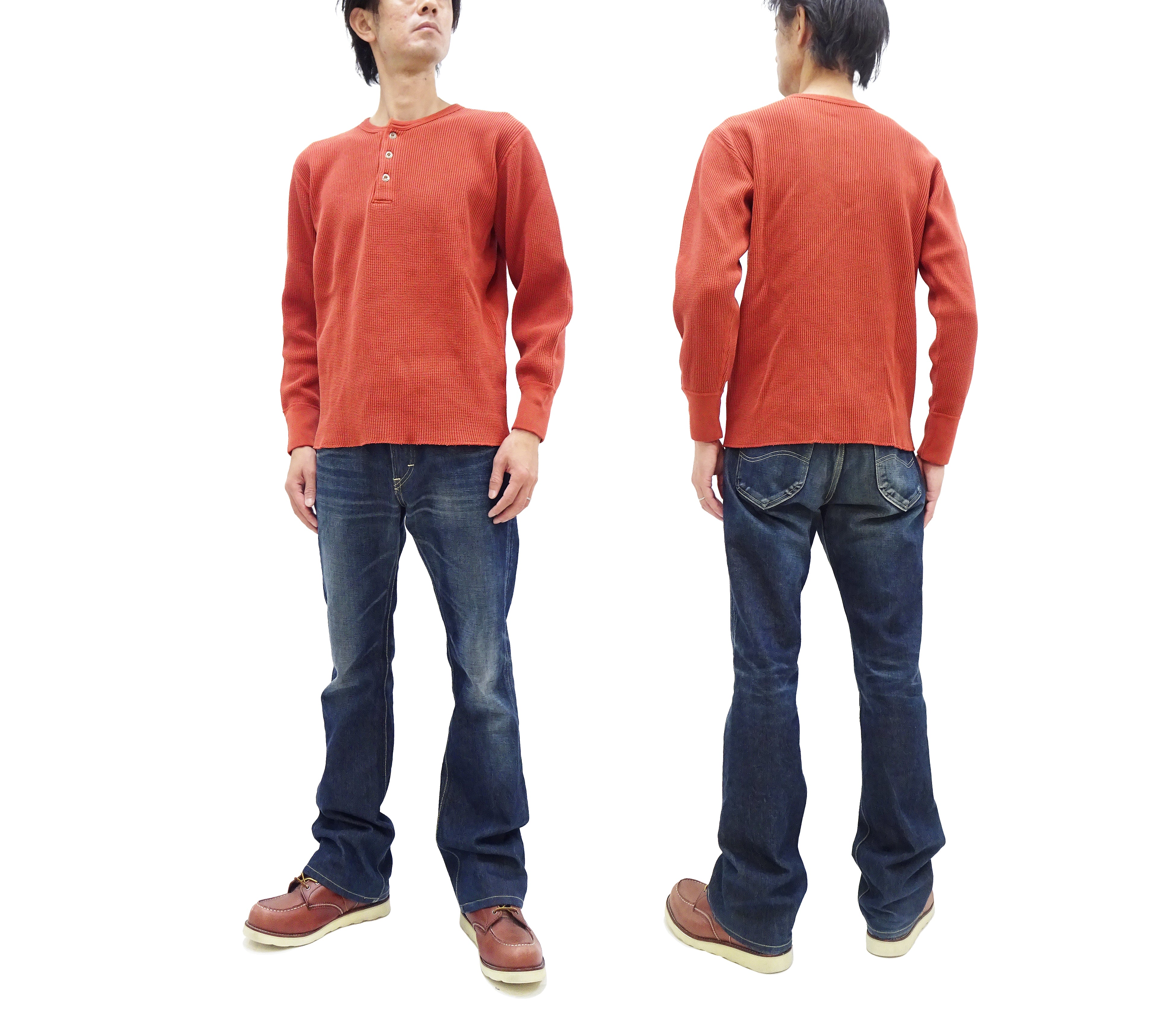 Studio D'artisan Men's Waffle Knit Thermal Henley T-Shirt - Long Sleeve Casual Shirt with 3-Button Placket, Heavyweight Thermal Tee in Burnt Sienna (Deep Red Brown) - Perfect for Fall Layering and Outdoor Activities