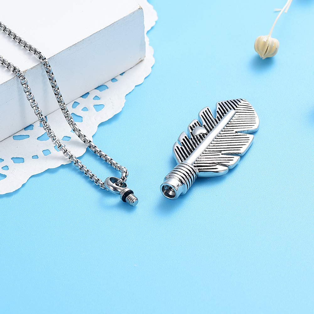 Oinsi Stainless Steel Feather Urn Necklace - Cremation Ashes Memorial Jewelry Keepsake for Loved Ones with Gift Box & Fill Kit (Heart Feather, Silver Tone) - Perfect for Remembrance, Funeral Services & Everyday Wear