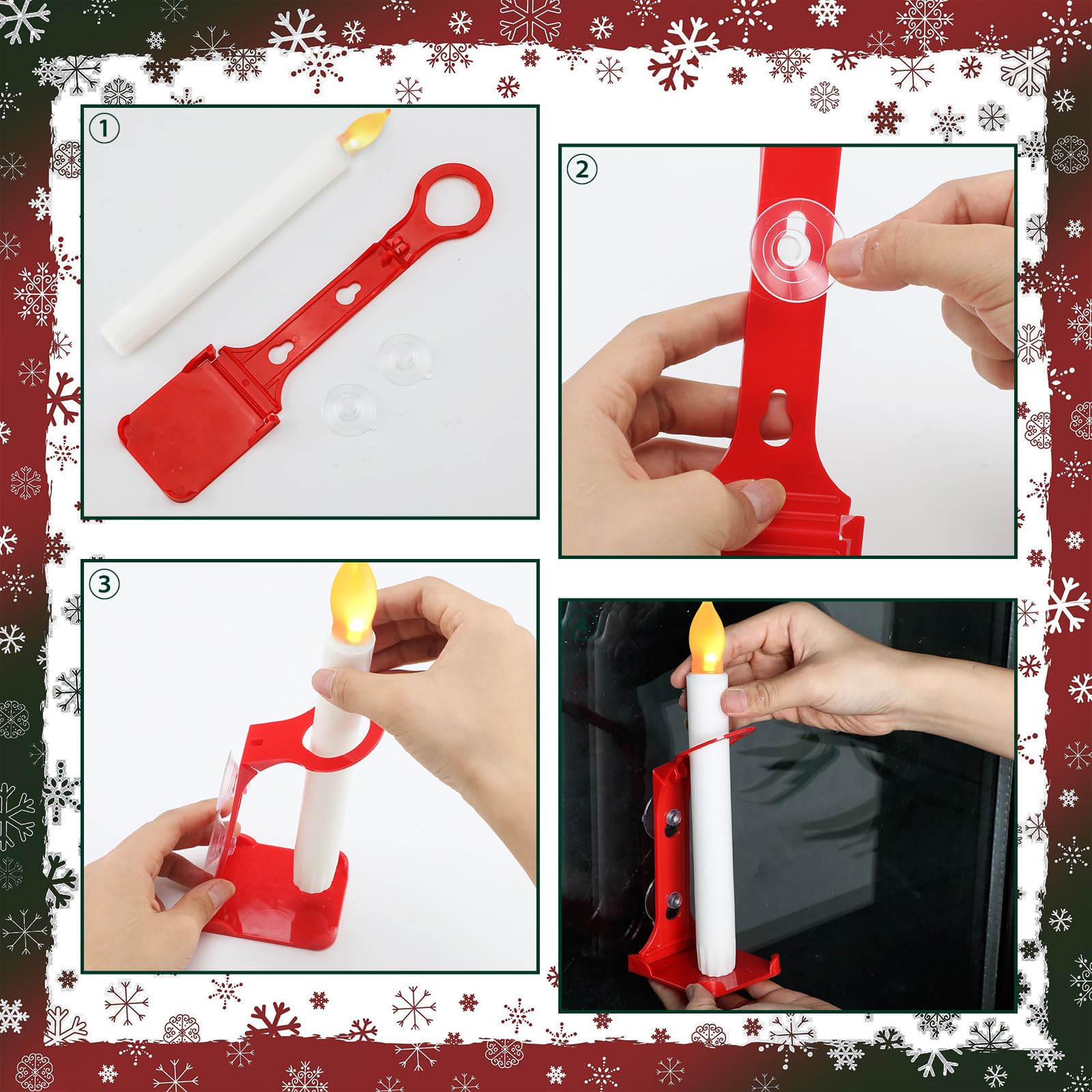 12 Pcs Red Christmas Electric Window Candle Lamp Holders with Strong Suction Cups - Flameless LED Candles for Holiday Decor, Indoor & Outdoor Window Displays, Home & Office Christmas Decorations