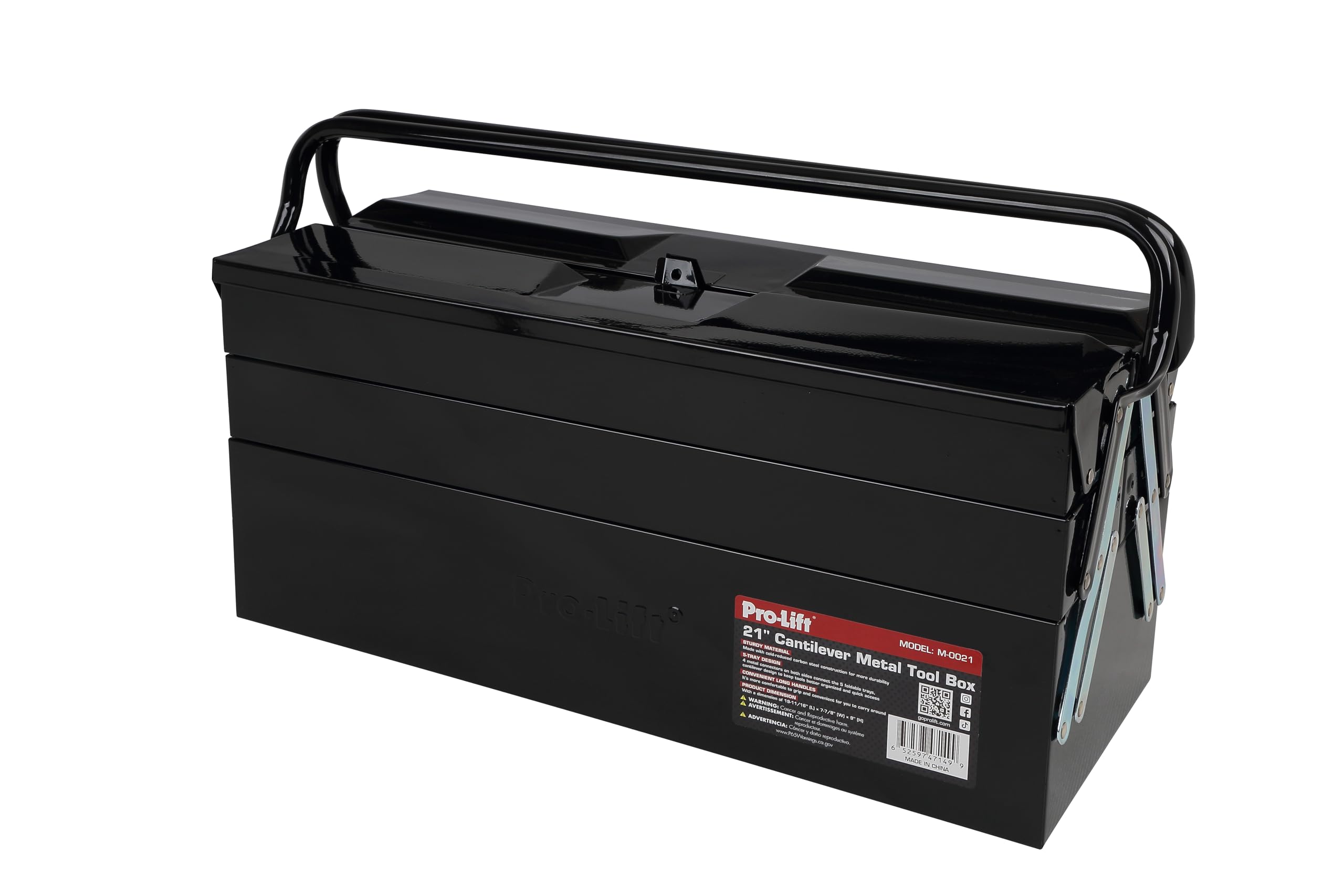 Pro-Lift 21-inch 5-Tray Heavy Duty Steel Tool Box with Cantilever Design & Metal Latch - Portable Tool Storage Organizer with Handle for Mechanics, DIY Projects & Workshop Organization