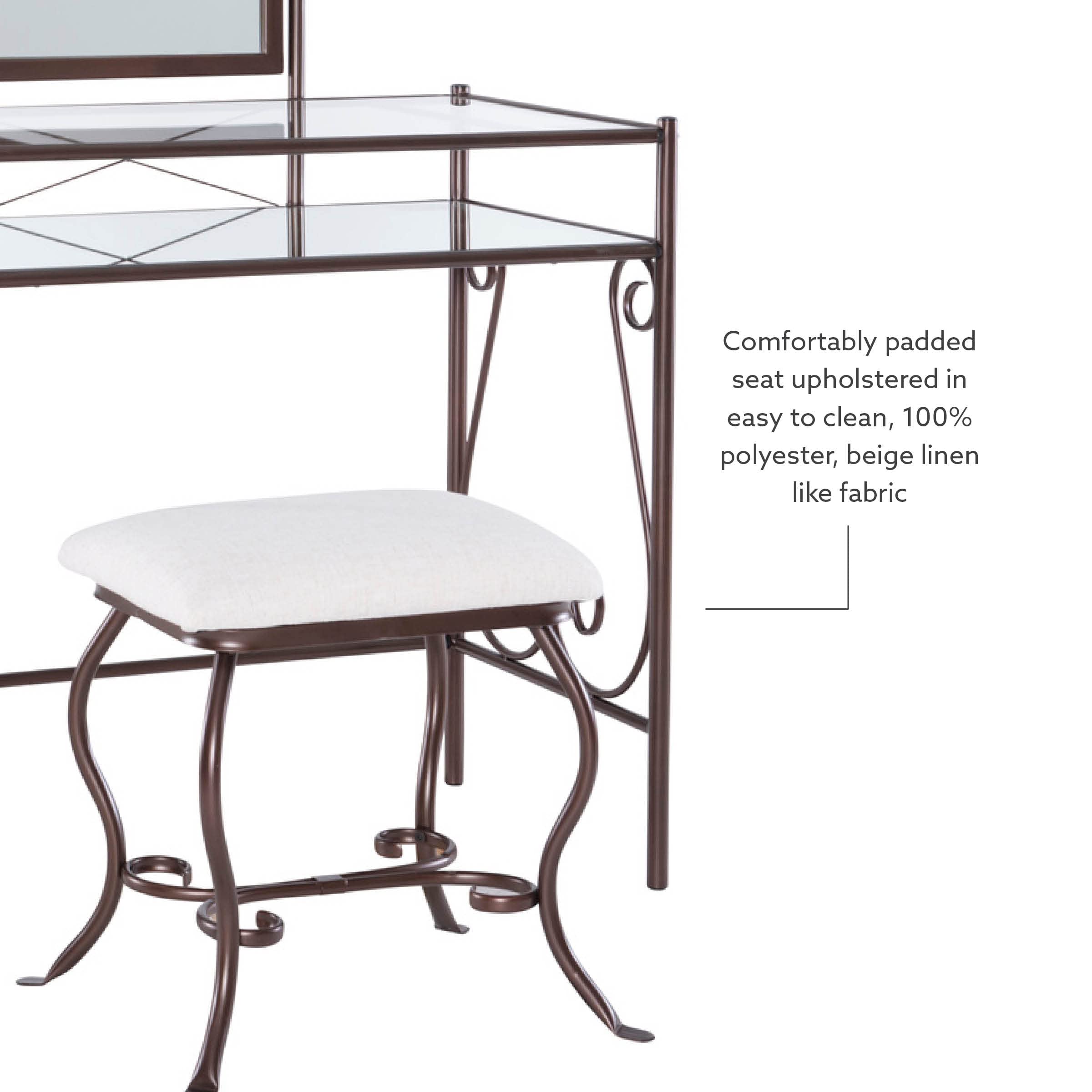 Linon Clarisse Vanity Set - Dark Metal Dressing Table with Upholstered Stool, 52.4 x 31.8 x 18.3 Inches - Perfect for Bedroom Makeup & Jewelry Organization