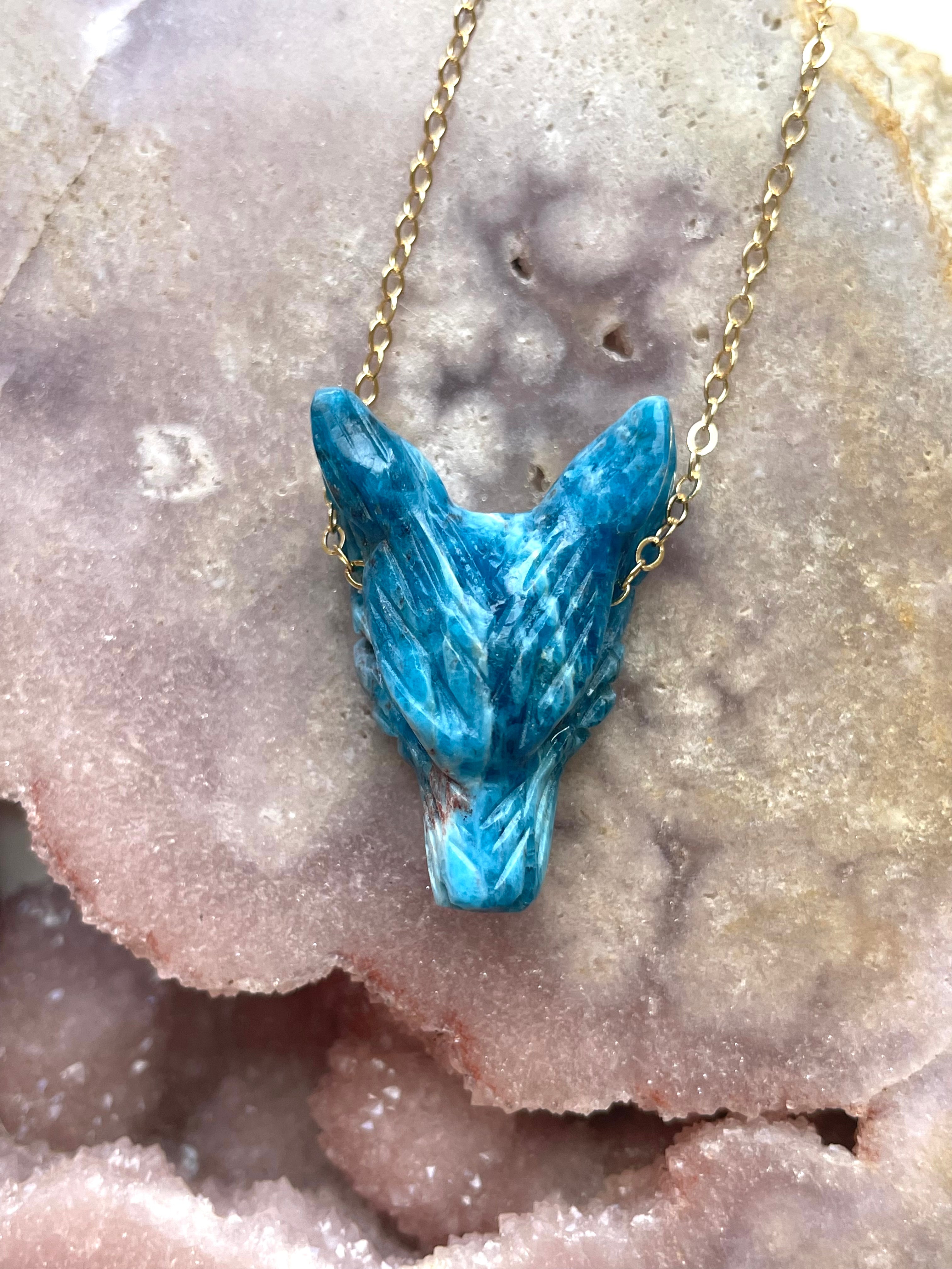 Apatite Wolf Head Necklace - Handmade Sterling Silver Pendant with Genuine Gemstone for Women - Perfect for Boho, Gothic & Nature Lover Jewelry Gifts