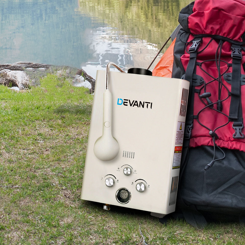 Devanti 8L/Min Portable Gas Water Heater with Pump - LPG System, Grey - Perfect for Camping, RV Trips & Outdoor Showers