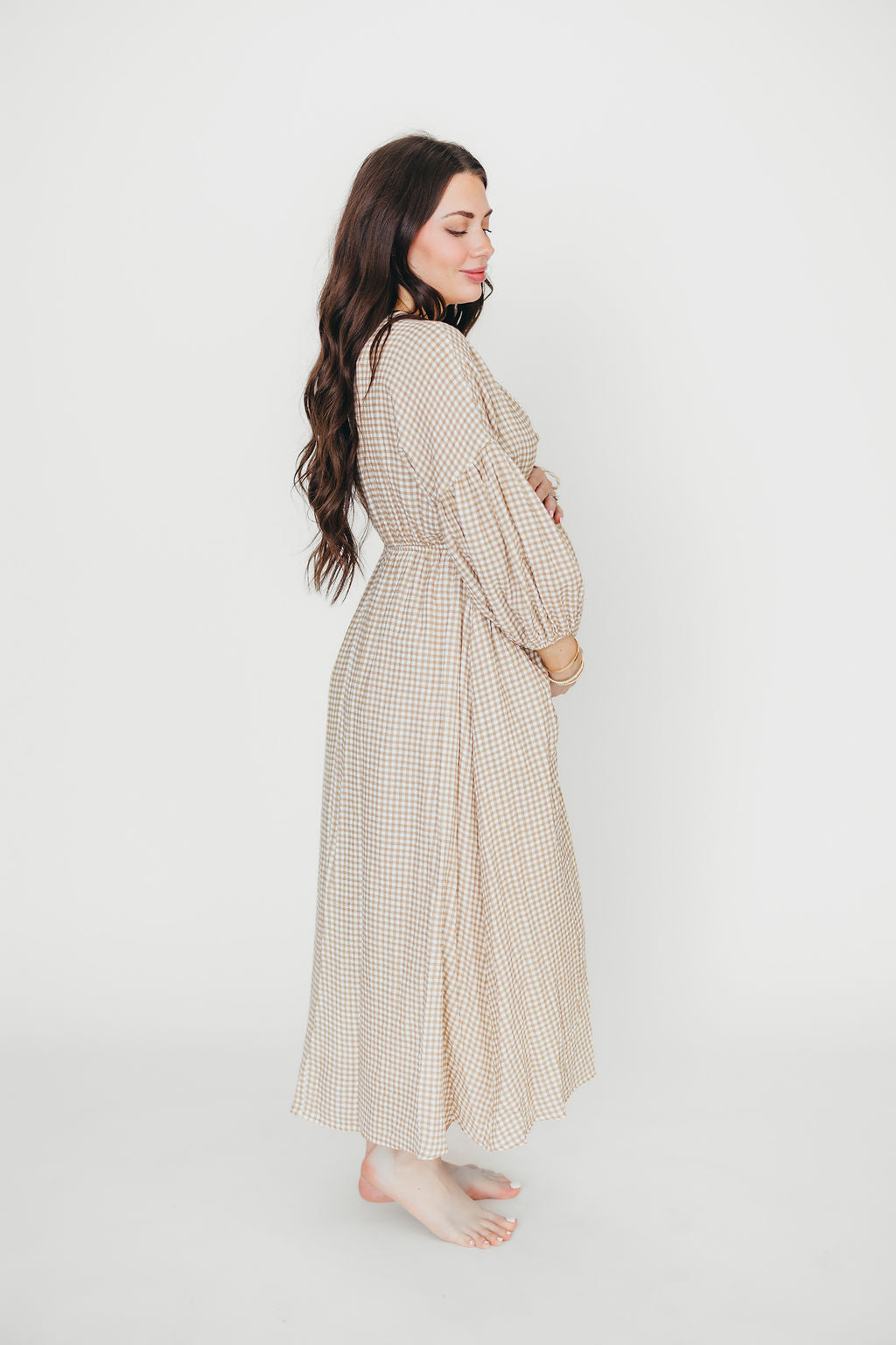 Hunter Printed Gauze Midi Dress in Natural Plaid - Bump Friendly Maternity Dress for Summer, Beach & Casual Wear