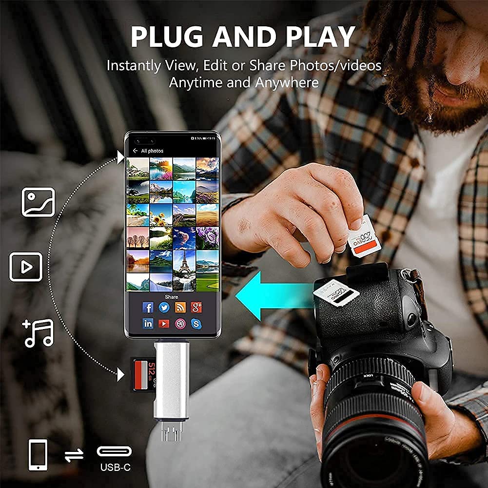 Famous Quality® 3-in-1 USB Card Reader - USB 3.0, USB C, Micro USB Compatible for SD/SDXC/Micro SD Memory Cards - Works with MacBook, PC, Tablets & Smartphones - Perfect for Travel, Photography & Data Transfer