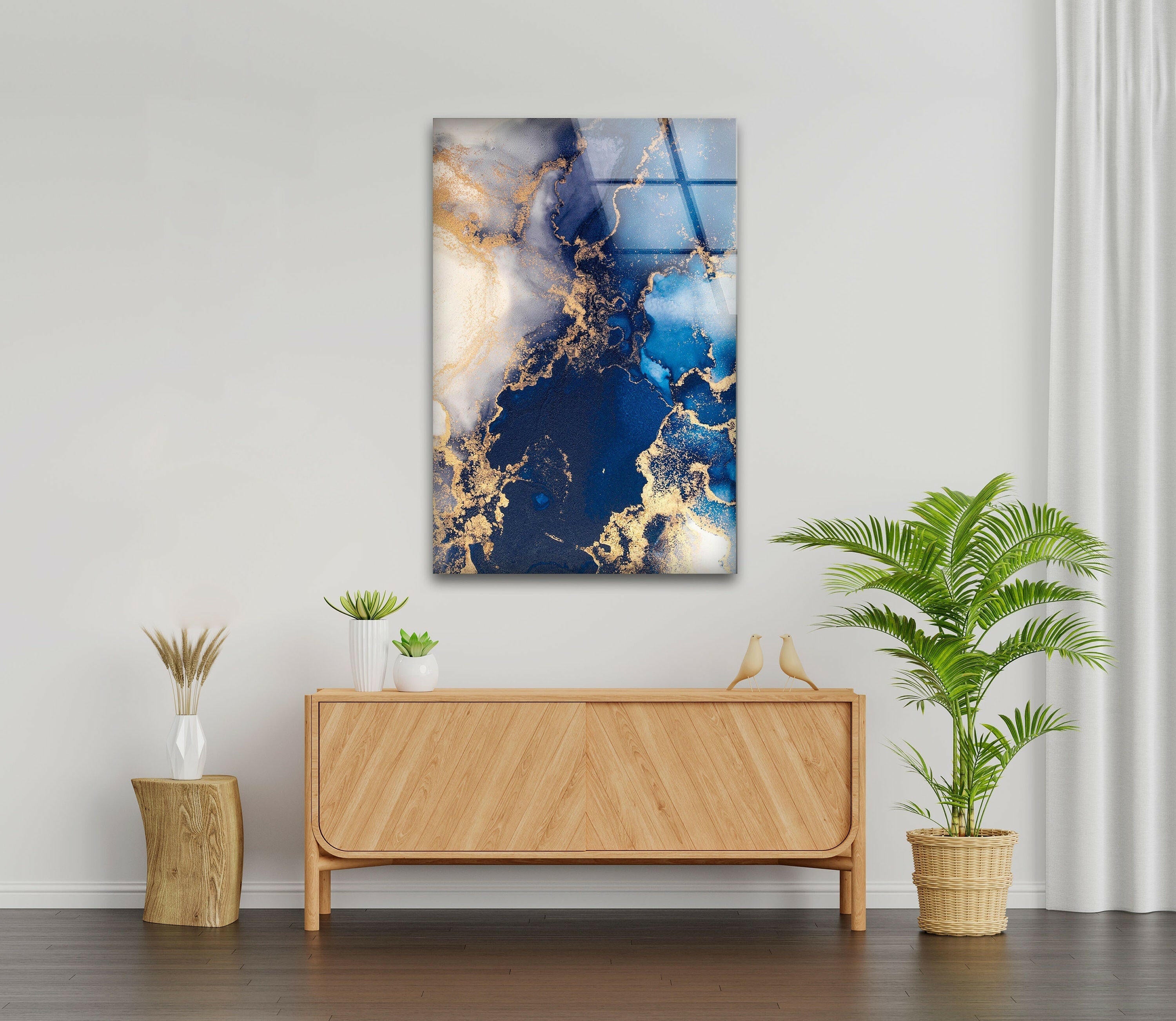 Blue & Gold Marble Design Glass Wall Art - Elegant Home Decor for Living Room, Bedroom & Office - Perfect for Modern Interior Design & Gifts