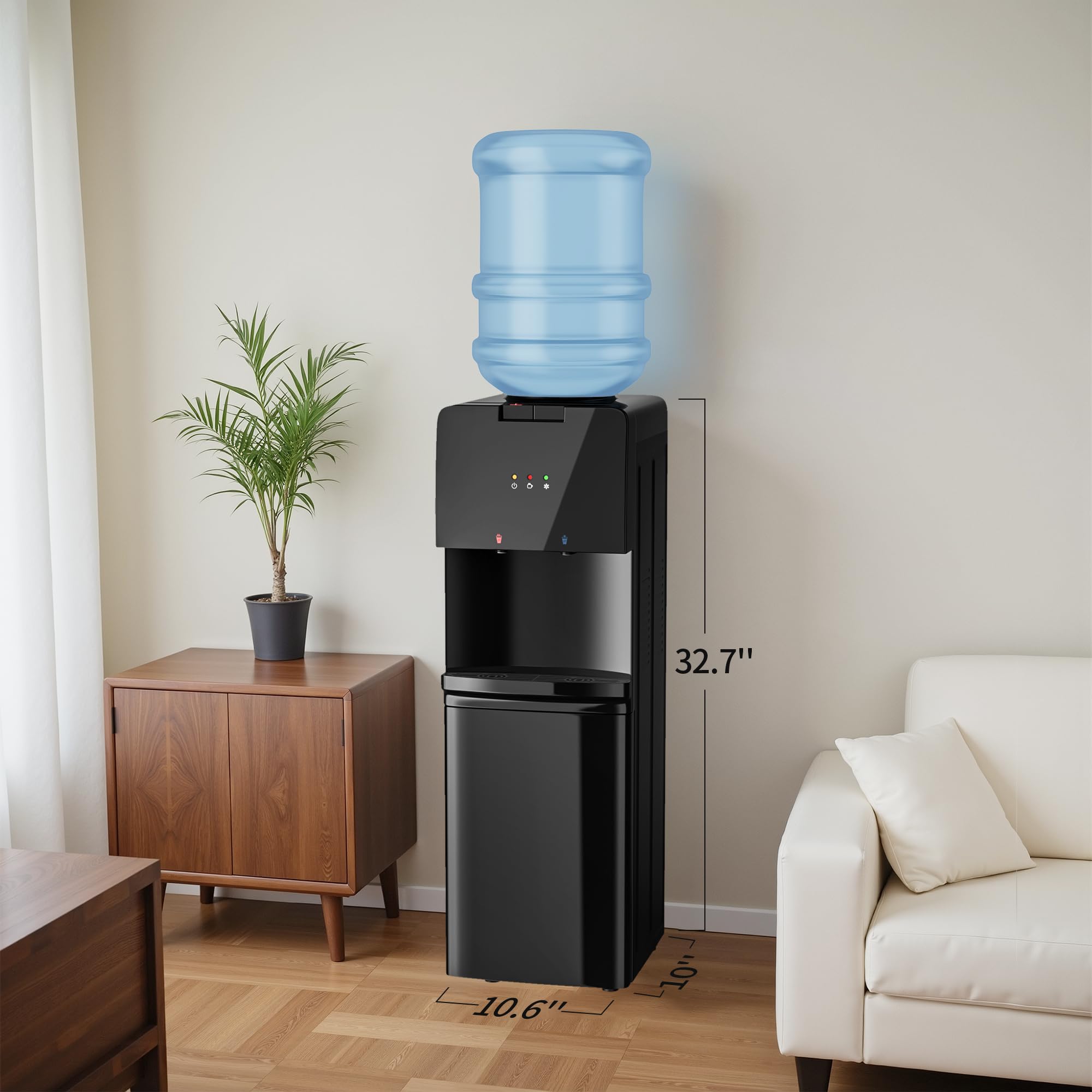 Top Loading Hot and Cold Water Dispenser with 3 Temperature Settings - 3/5 Gallon Bottle Water Cooler with Removable Drip Tray & Child Safety Lock - Perfect for Home, Office, Kitchen, and Living Room Hydration Needs