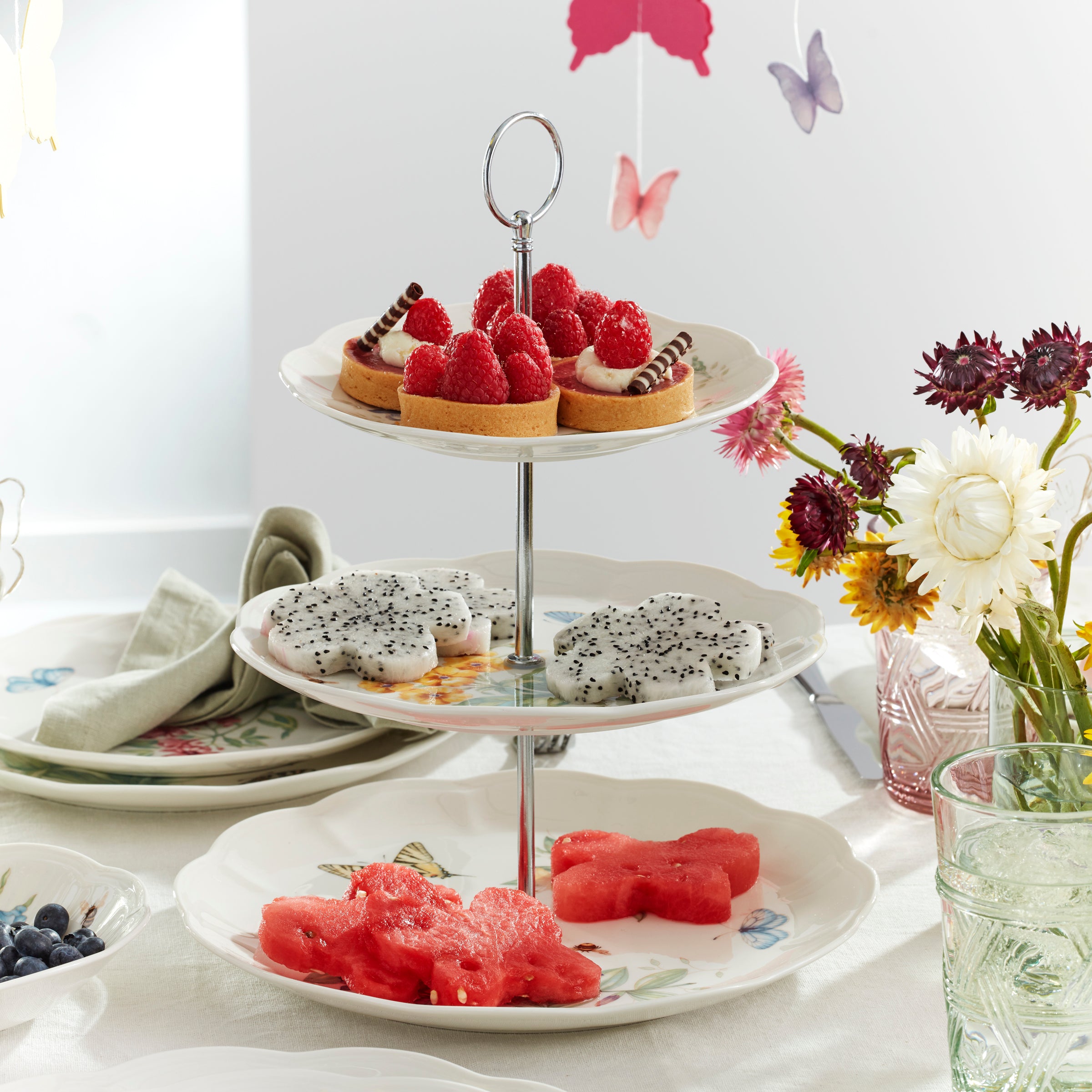 Butterfly Meadow 3 Tiered Serving Stand - Elegant Dessert Display for Parties, Weddings & Afternoon Tea | Rustic Wooden Cake Stand with Floral Design
