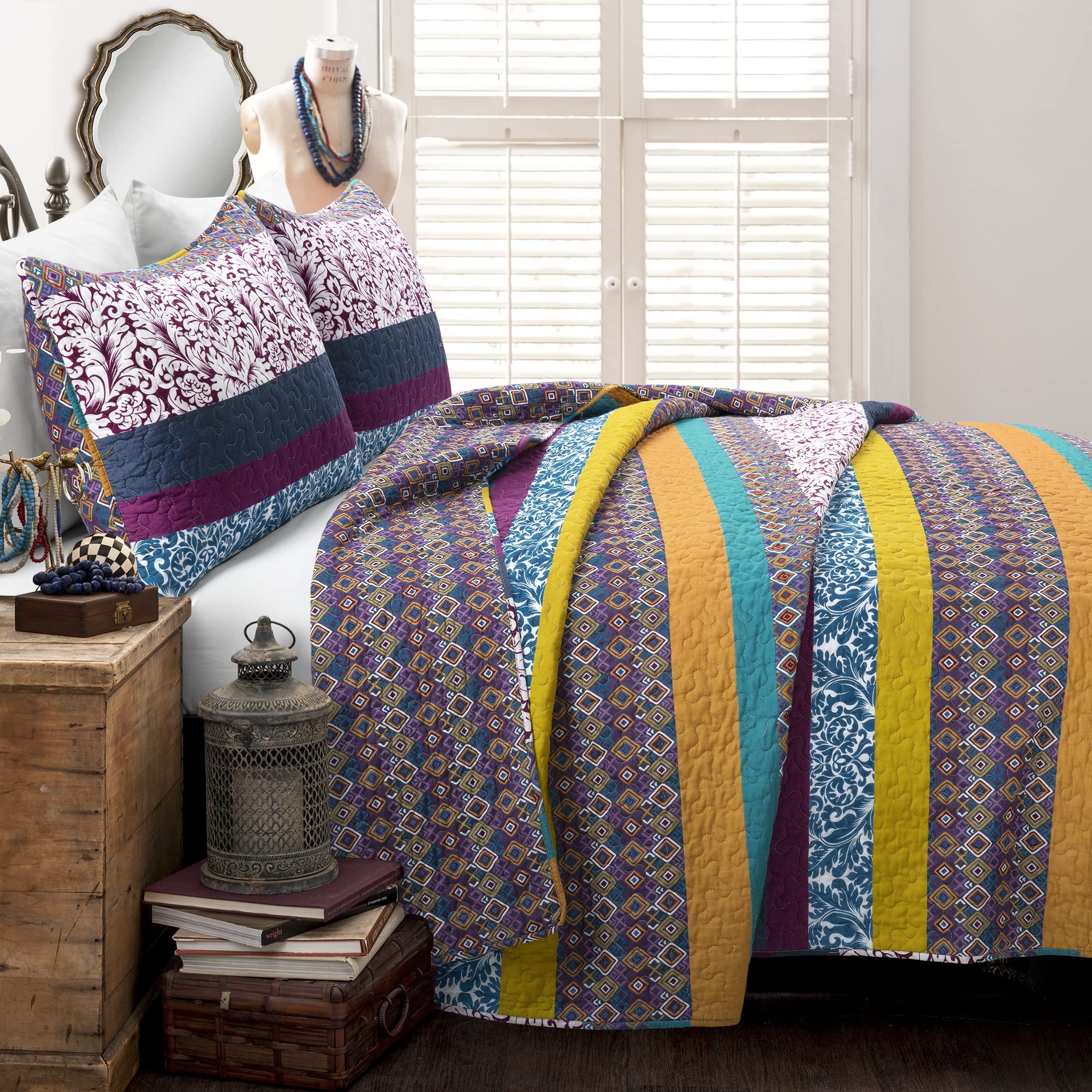 Lush Decor Boho Stripe Reversible Cotton Quilt 3-Piece Set | Full/Queen Size | Plum & Yellow Bohemian Bedding | Soft & Breathable Cotton | Perfect for Guest Rooms, Dorms & Bohemian Bedroom Decor