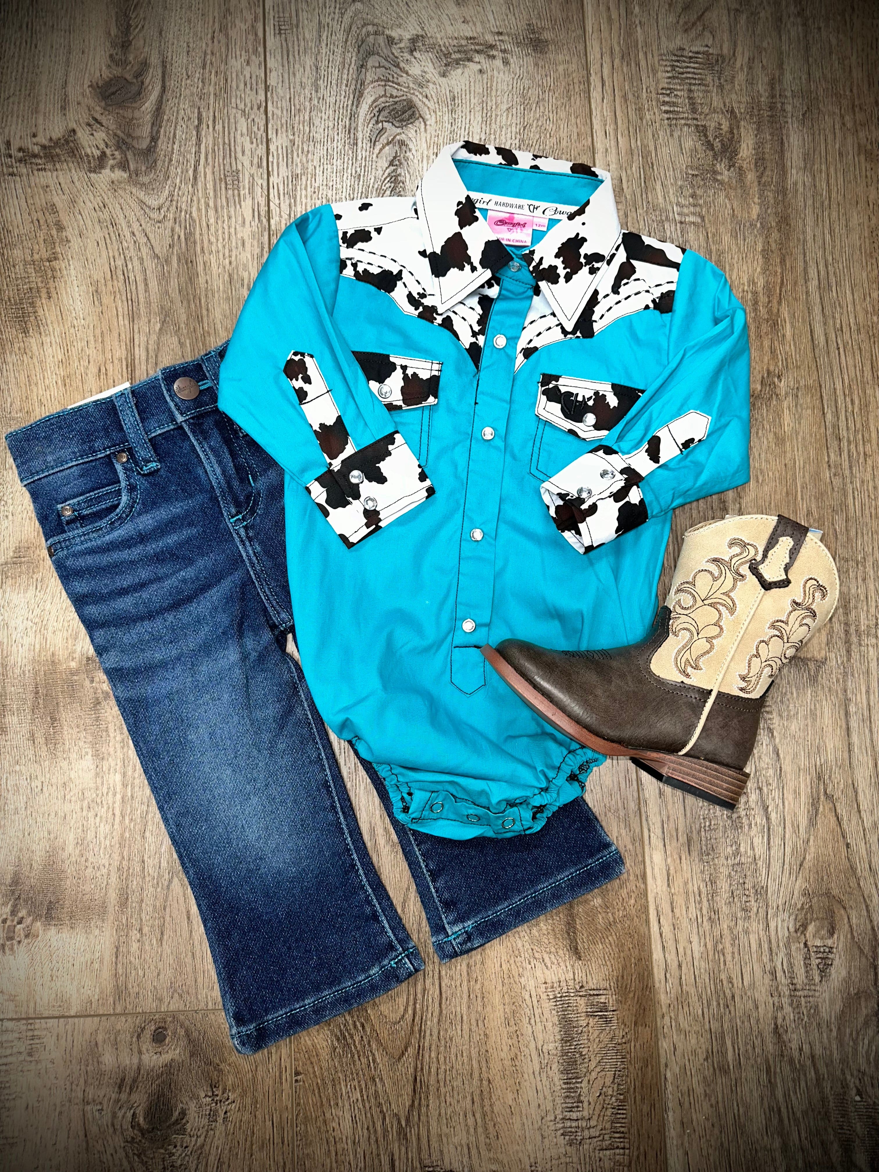 Girl's Moody Cow Print Turquoise Shirt - Trendy Graphic Tee for Casual Wear, School, and Playdates