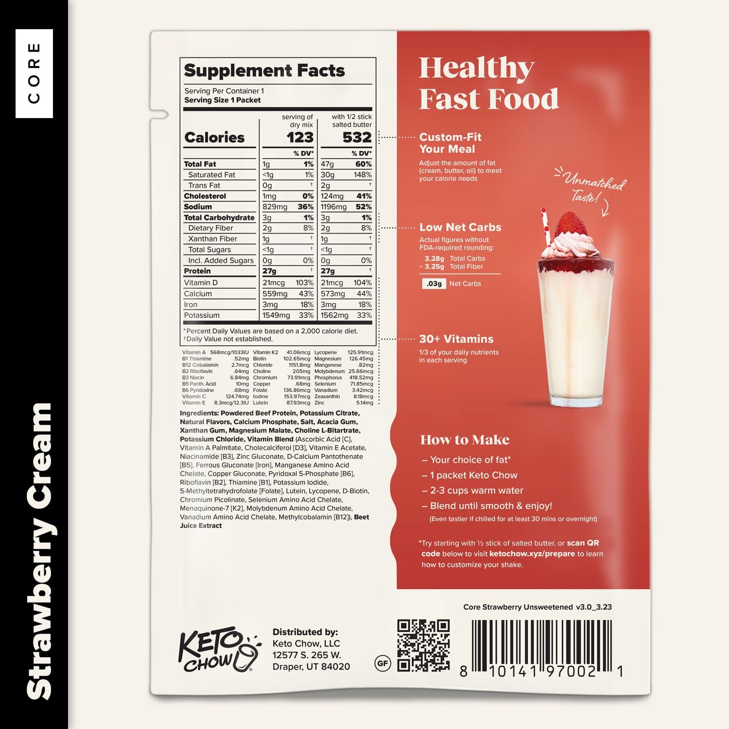 Keto Chow Strawberry Cream (Unsweetened) - Low Carb Keto Meal Replacement Shake Powder - Nutritionally Complete Protein Shake - Dairy Free, Gluten Free - Perfect for Weight Loss, Busy Mornings & On-the-Go Nutrition