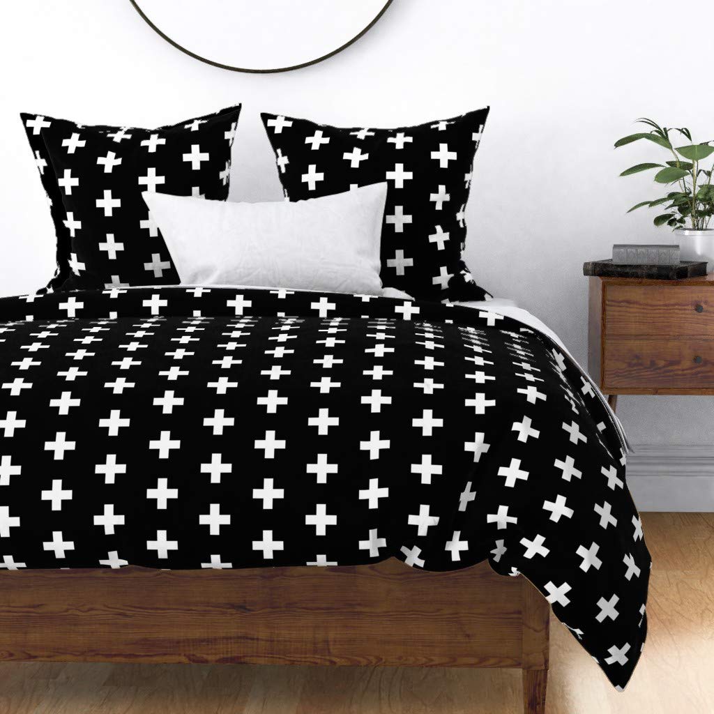 Premium Cotton Sateen Duvet Cover Full/Queen Size - Modern Geometric Cross Print in White & Black | Gender Neutral Nursery & Kids Room Decor | Soft Bedding for Boys, Girls & Teens