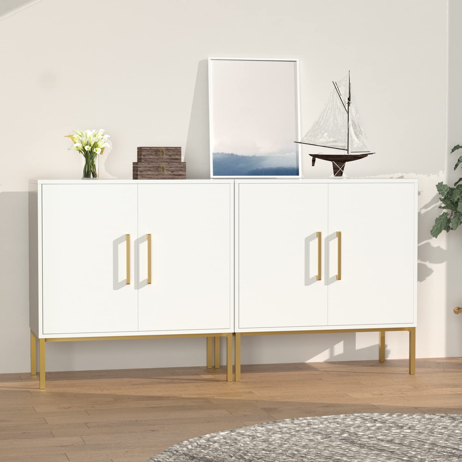 RESOM 2 Pack White Modern Storage Cabinet with Adjustable Shelves - Double Door Sideboard for Living Room, Bedroom, Home Office & Hallway - Perfect for Organizing Books, Decor & Essentials (White)