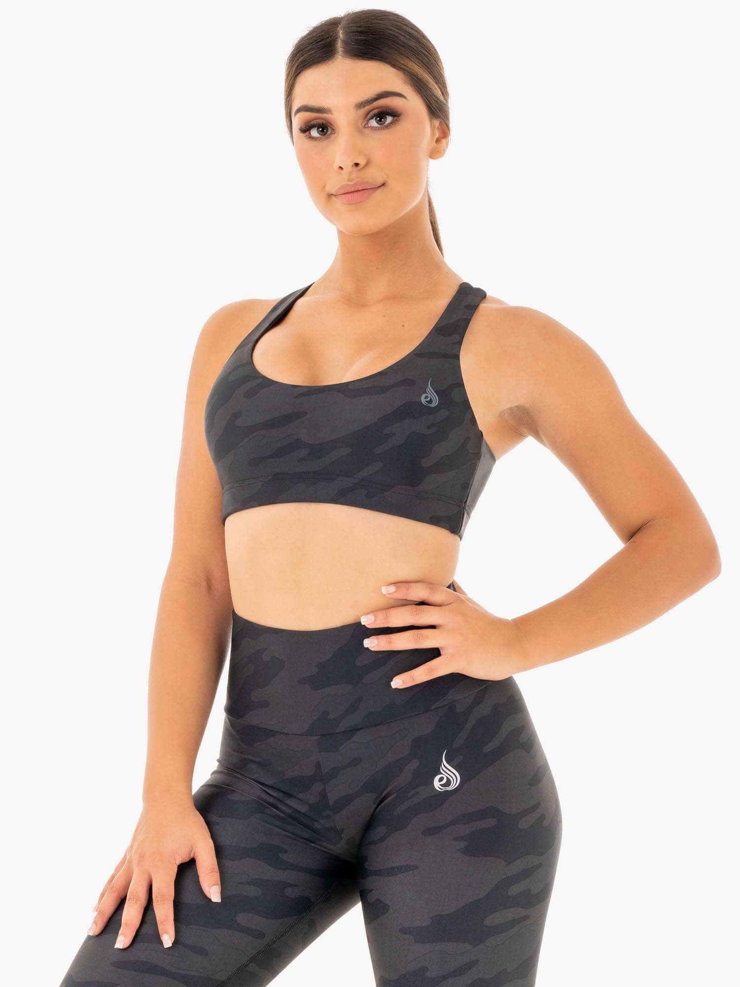 Women's Camo Sports Bra - Black Camo Pattern Workout Top for Running, Yoga & Gym - High Support & Comfort