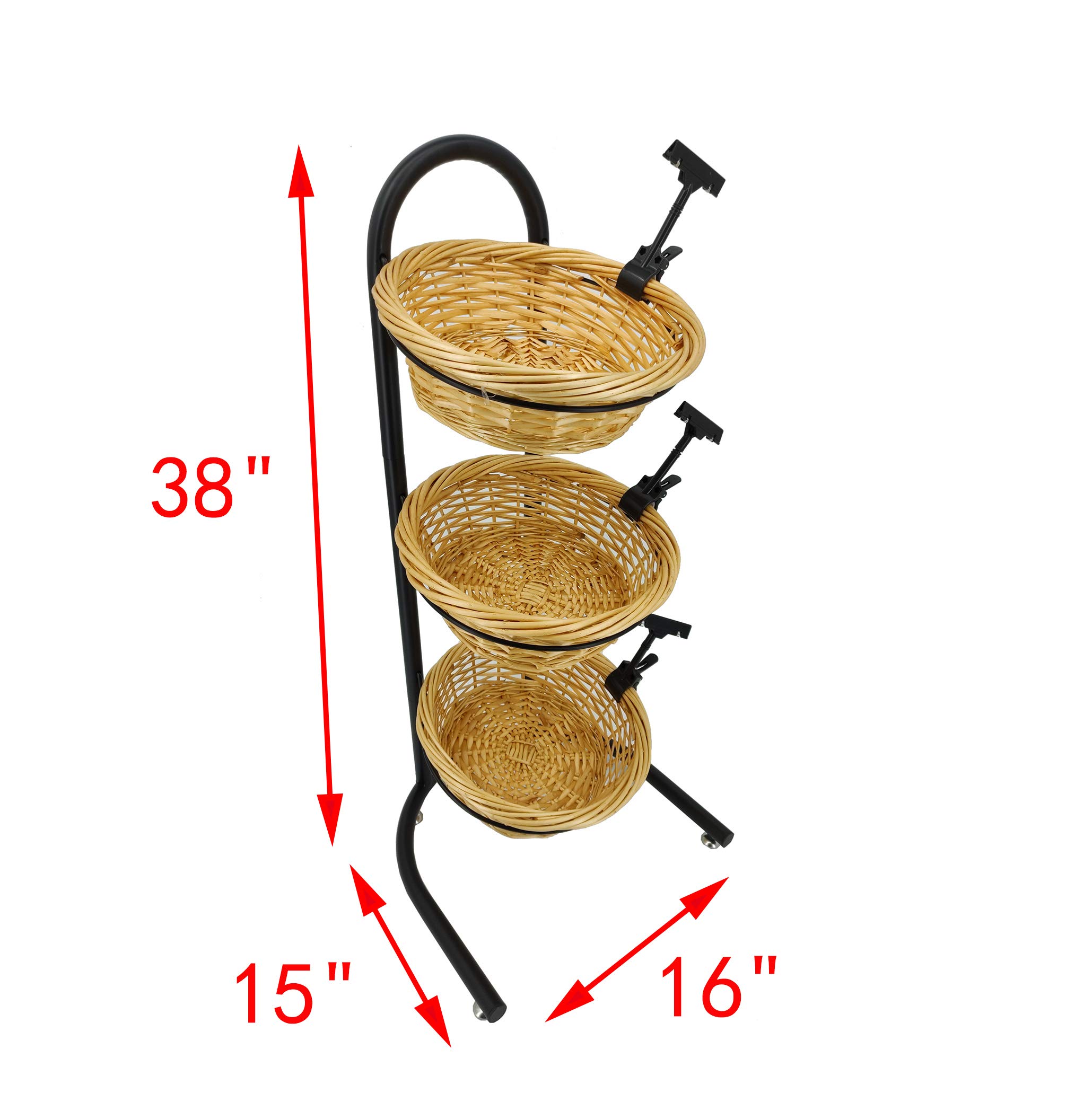 FixtureDisplays 3-Tier Wicker Basket Metal Stand with Sign Clips - Rustic Market Basket Storage Organizer for Kitchen, Bathroom & Retail Display (Model 19425)