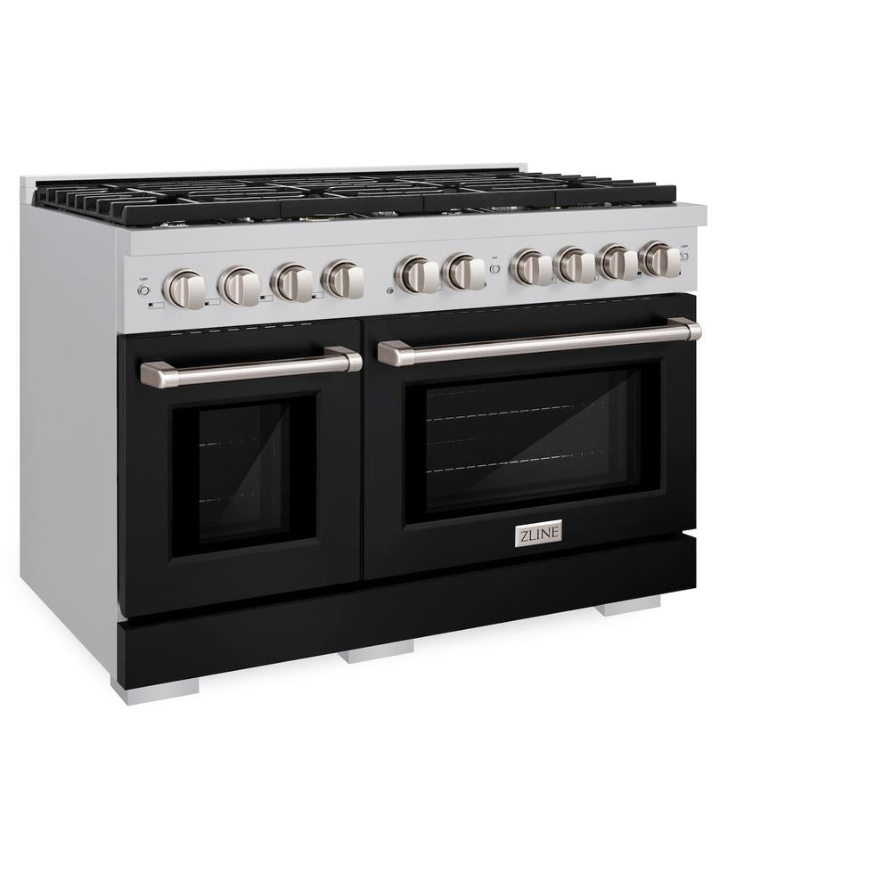 ZLINE 48-Inch Stainless Steel Dual Fuel Range with 8-Burner Gas Cooktop & Black Matte Doors - 6.7 cu. ft. Double Oven for Professional Home Cooking | Perfect for Large Families & Entertaining Guests