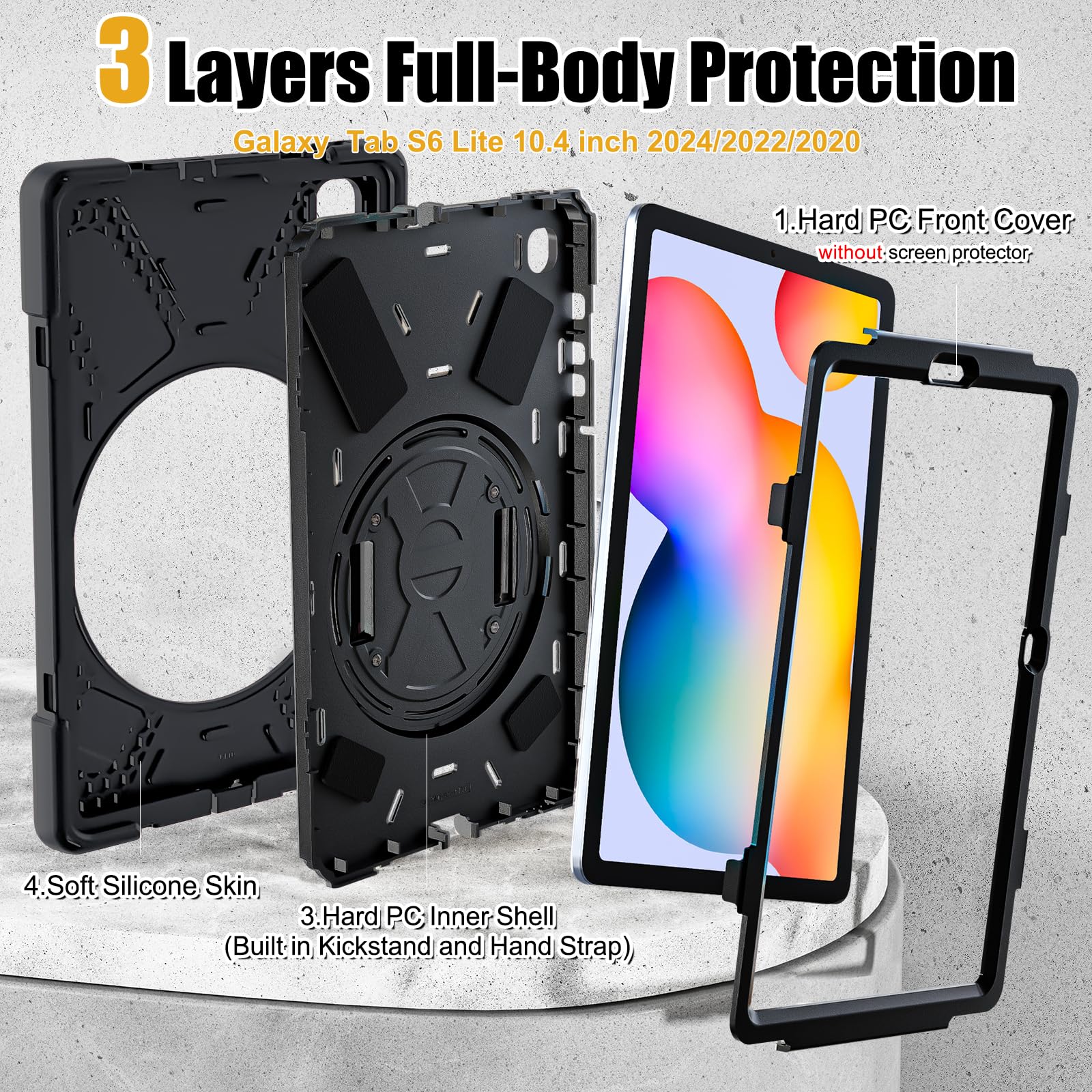 BRAECN Shockproof Rugged Case for Samsung Galaxy Tab S6 Lite 10.4 Inch (2024/2022/2020 Models SM-P620/P610/P619) - Protective Kids Tablet Cover with Pencil Holder, Rotating Stand & Hand Strap - Black | Perfect for School, Travel & Outdoor Use