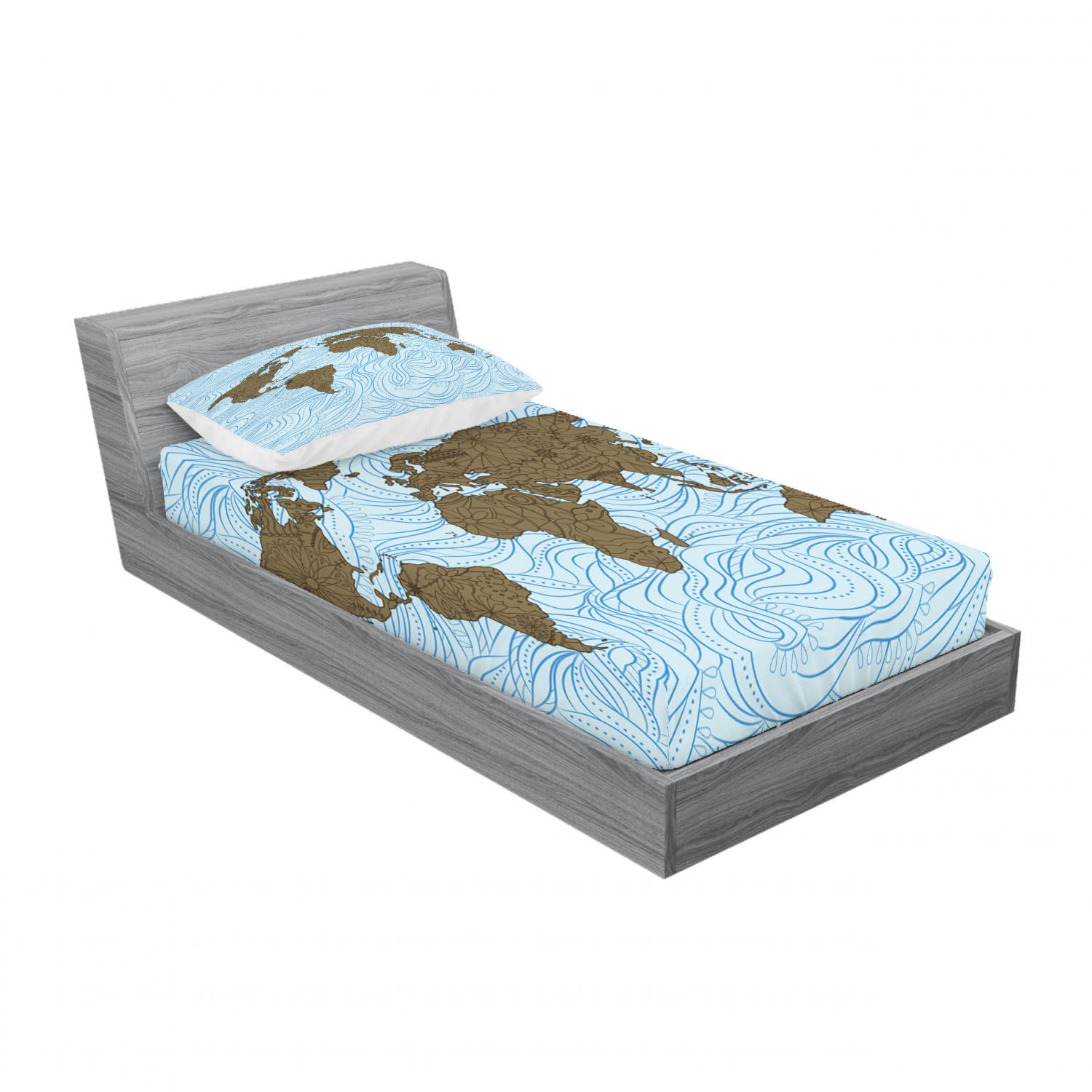Ambesonne Ocean Themed 2-Pack Twin Fitted Sheet & Pillow Sham Set - Nautical Wave Map Design, 4-Piece Bedding Decor in Cocoa Pale Blue - Perfect for Beach House, Guest Room & Coastal Themed Bedrooms