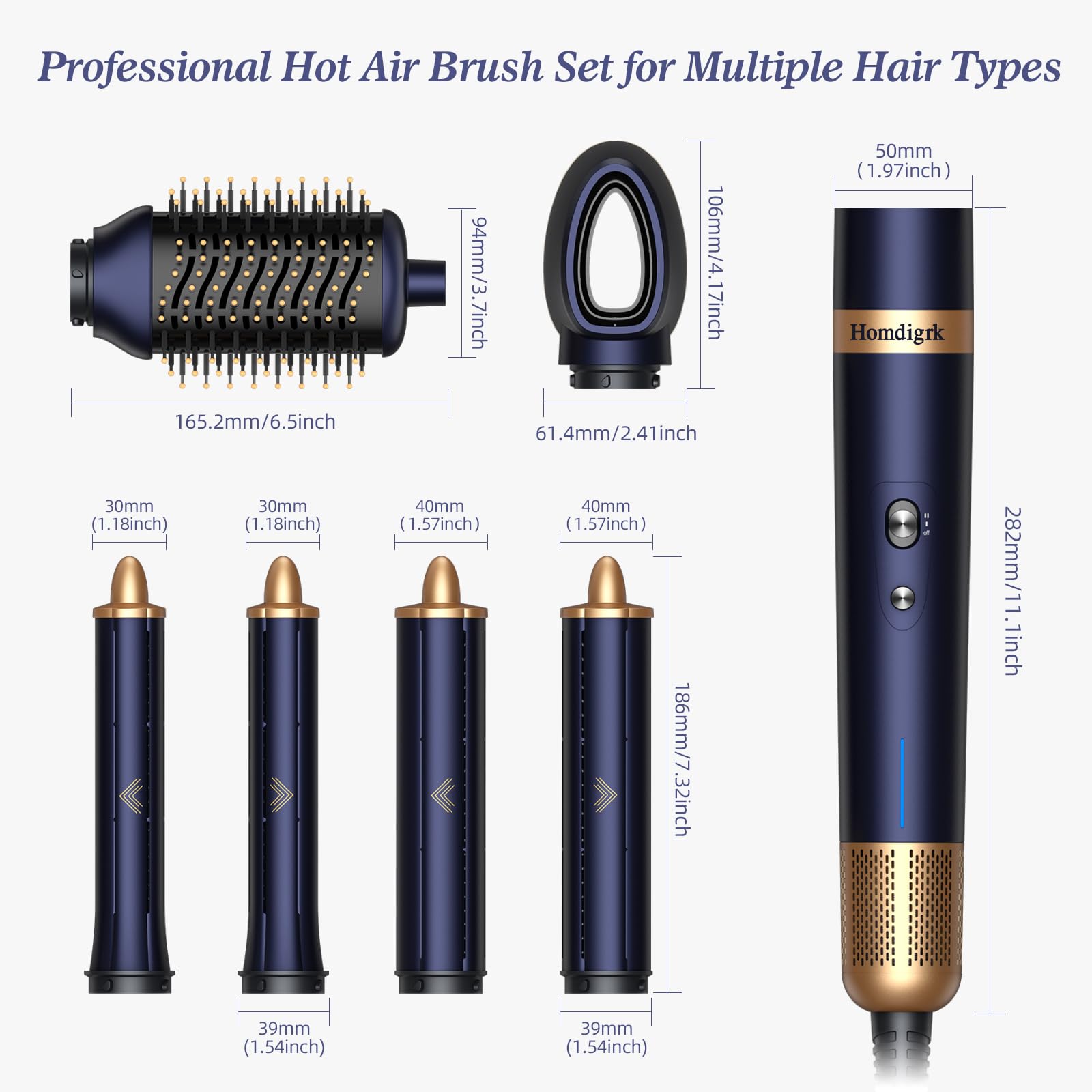 6-in-1 Hair Dryer Brush & Curling Iron Set - Professional Hot Air Styler for Fast Drying, Smoothing & Volumizing - No Heat Damage Blowout Tool with Travel Case (Prussian Blue) - Perfect for Home Use, Salon Styling & Travel