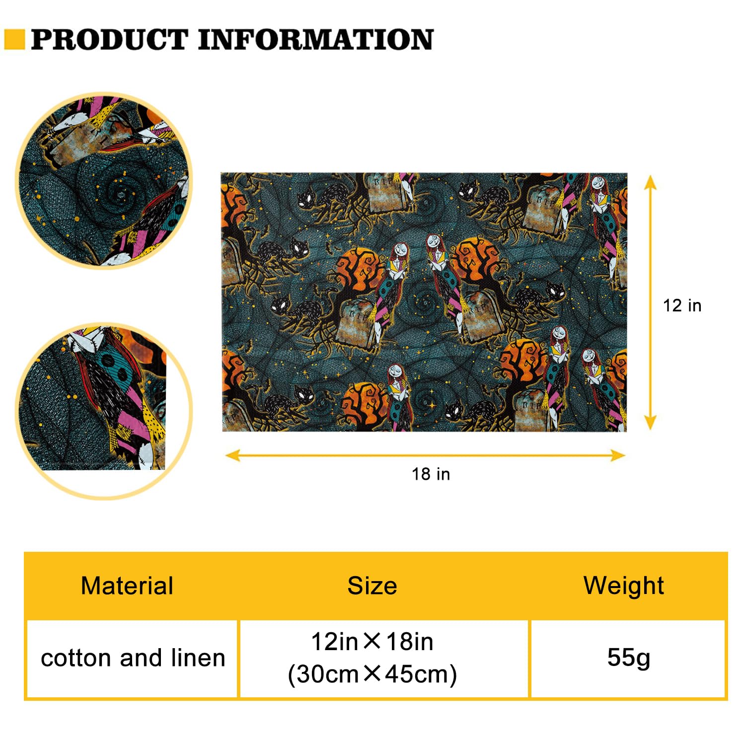 4Pcs Halloween Placemats Set - Cute Sally & Cat Themed Washable Table Mats for Kitchen Dining - Nightmare Before Christmas Decorations - Heat Resistant Holiday Tableware for Halloween & Christmas Parties