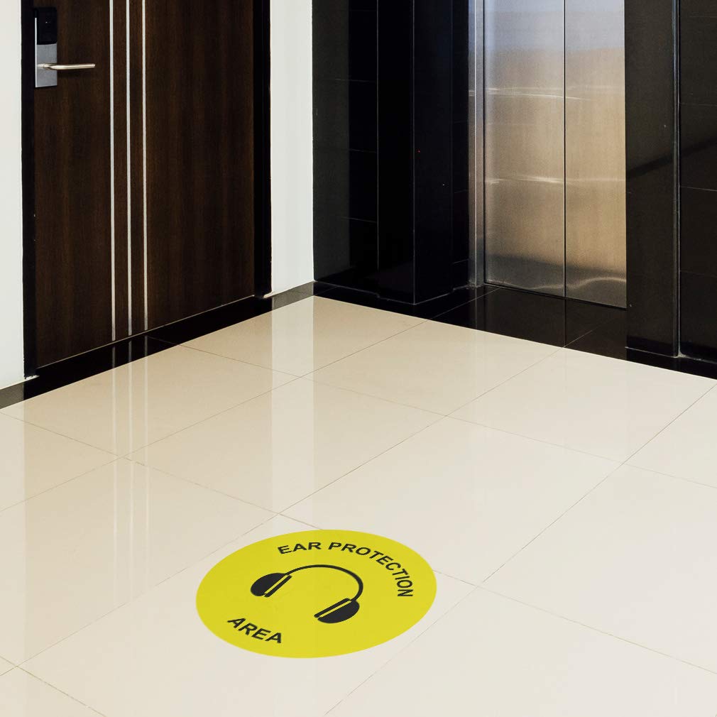 36-Inch Yellow Anti-Slip Round Floor Decals for Ear Protection - Industrial & Craft Safety Signs - Perfect for Warehouses, Factories, and Workshops