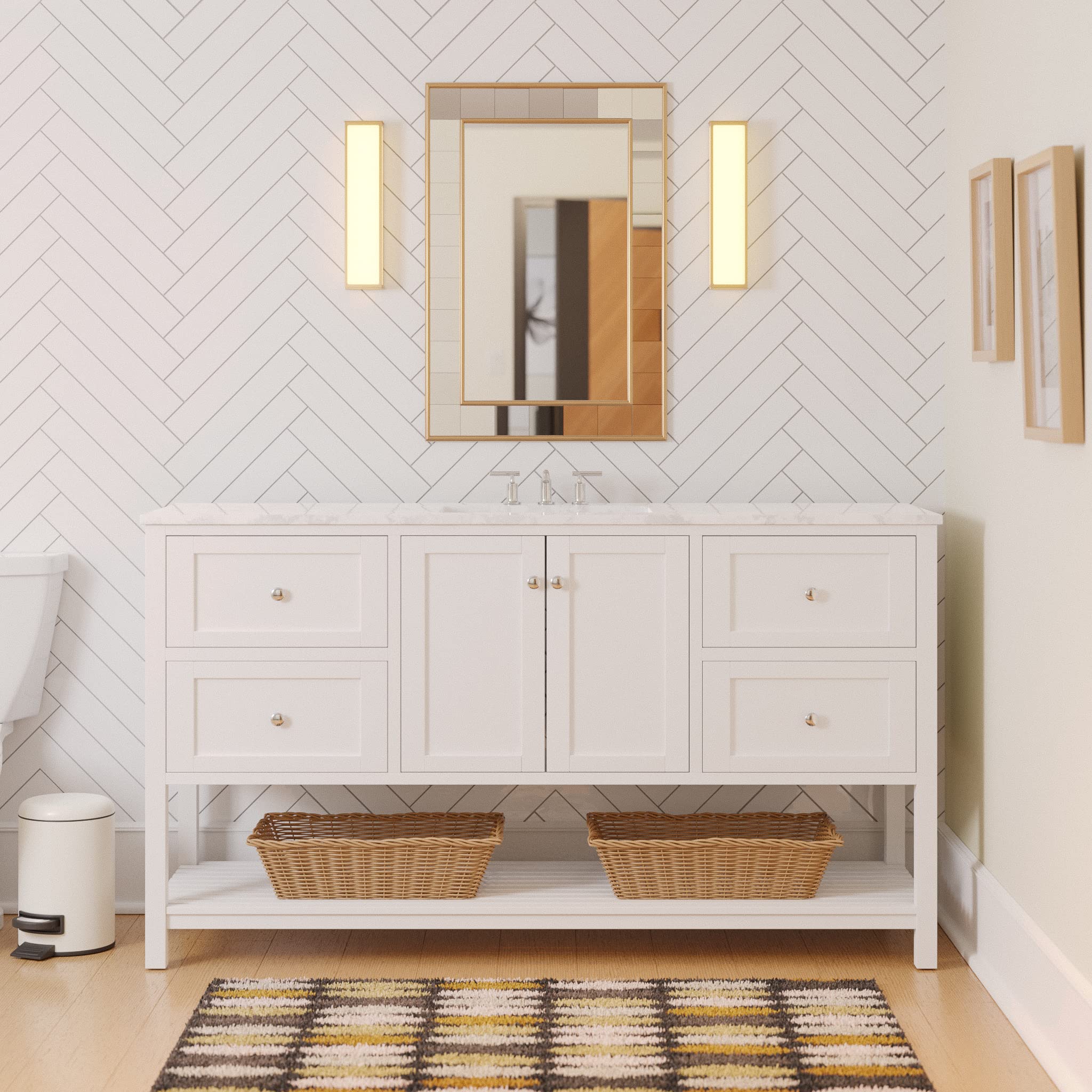 60-inch Single Bathroom Vanity with White Cabinet & Engineered Carrara Countertop - Includes White Ceramic Sink | Modern Bathroom Storage Solution for Small Spaces | Perfect for Master Bath, Guest Bath & Apartment Renovations