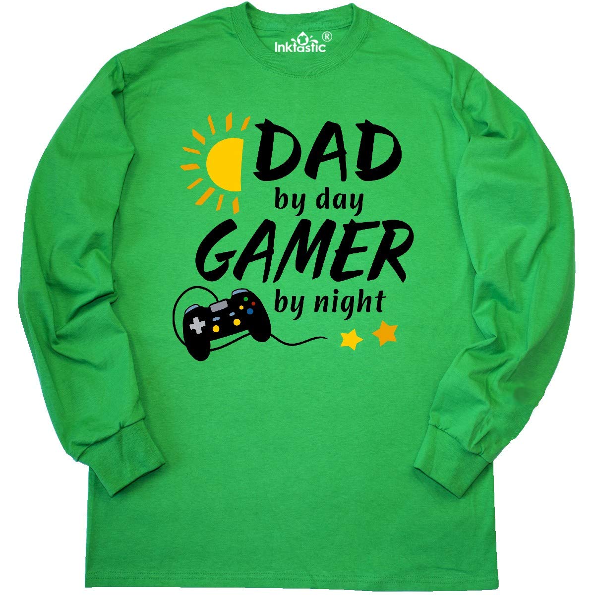 Inktastic Dad by Day Gamer by Night Graphic T-Shirt - Long Sleeve Comfort Fit Cotton Tee with Controller & Sun Design - Perfect for Gaming, Father's Day Gifts & Casual Wear