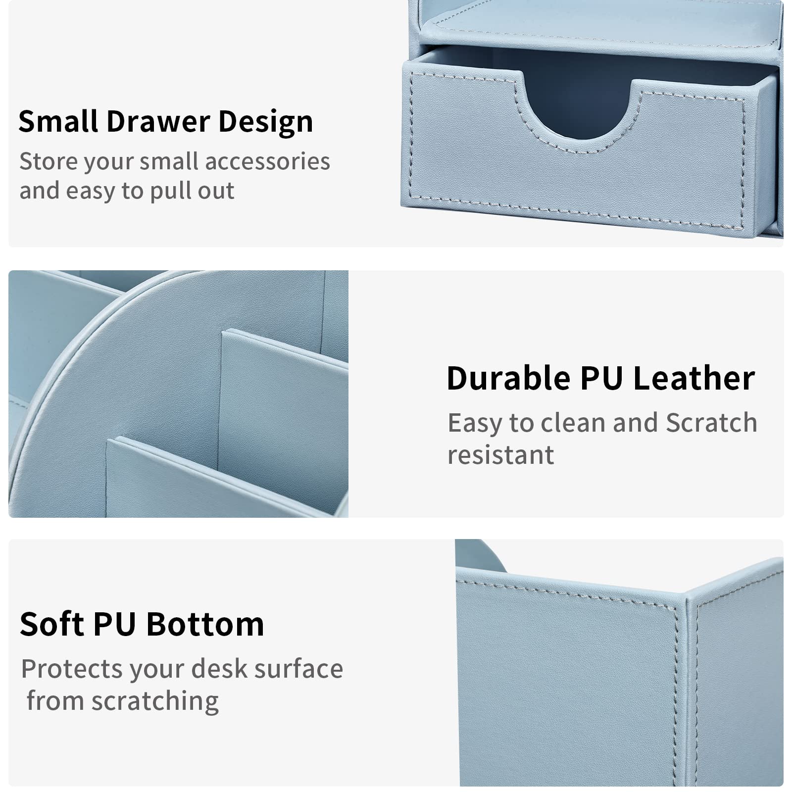 Premium PU Leather Desk Organizer - 6 Compartment Pen & Pencil Holder with Drawer - Office Supplies Storage Box for Home & Office (Blue) - Perfect for Desk Organization, School Supplies & Workspace Accessories