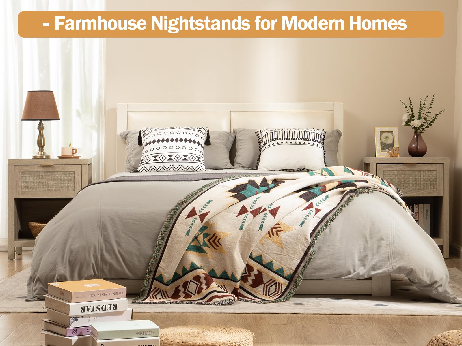 SICOTAS Rattan Night Stands - Farmhouse Boho End Side Table with Drawer & Open Shelf, Light Oak Bedside Table for Bedroom - Perfect for Small Spaces, Guest Rooms & Cozy Home Decor