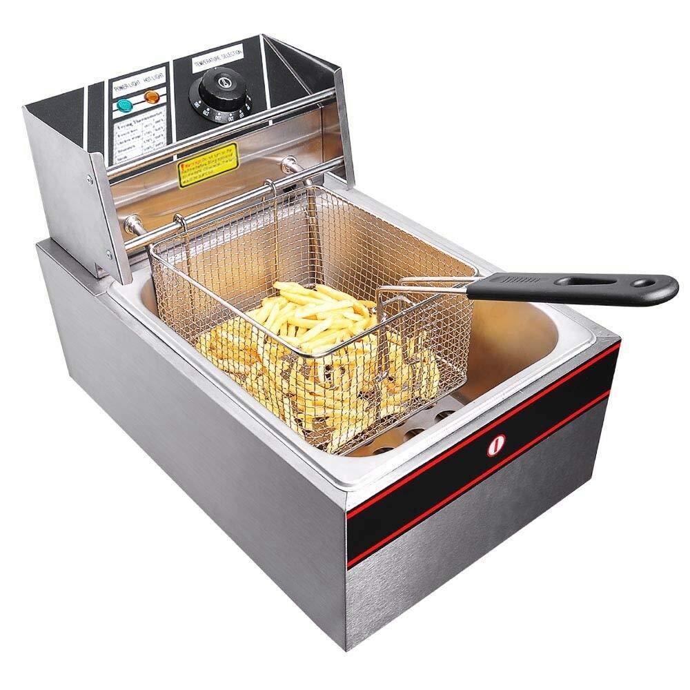Commercial Single Tank Basket Electric Deep Fryer 2500W 6L Stainless Steel Countertop Restaurant Fryer with Basket Scoop - Perfect for Fast Food Restaurants, Food Trucks & Home Kitchen Cooking