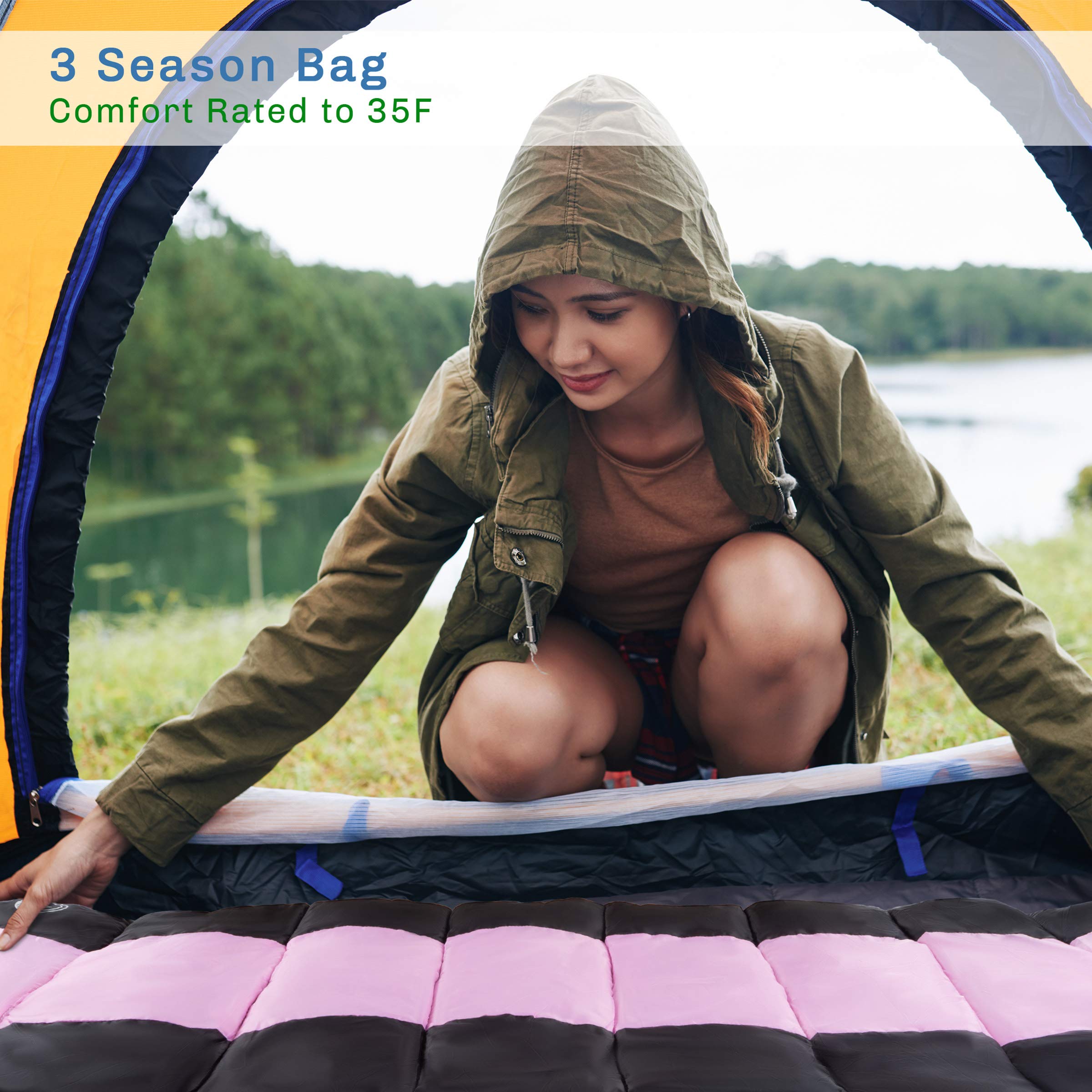 35F Rated 3 Season Sleeping Bag with Hood - Lightweight Envelope Style for Camping, Backpacking & Hiking - Includes Carry Bag by Wakeman Outdoors (Pink/Black) - Perfect for Outdoor Adventures, Travel & Emergency Preparedness