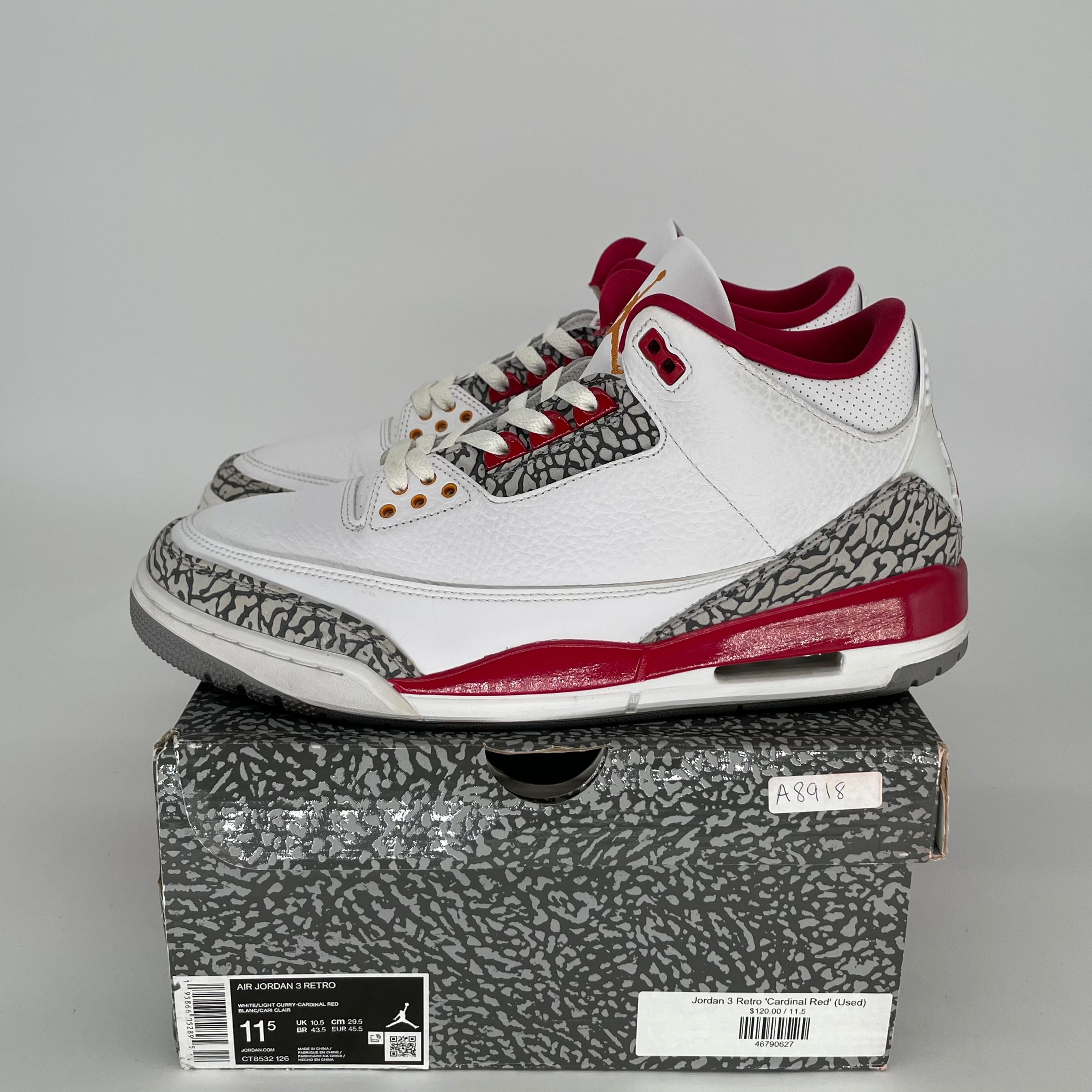 AIR JORDAN 3 CARDINAL Men's Basketball Shoes Size 11.5 - White/Red Colorway CT8532-126 | Retro Sneakers for Casual Wear, Street Style & Basketball Games
