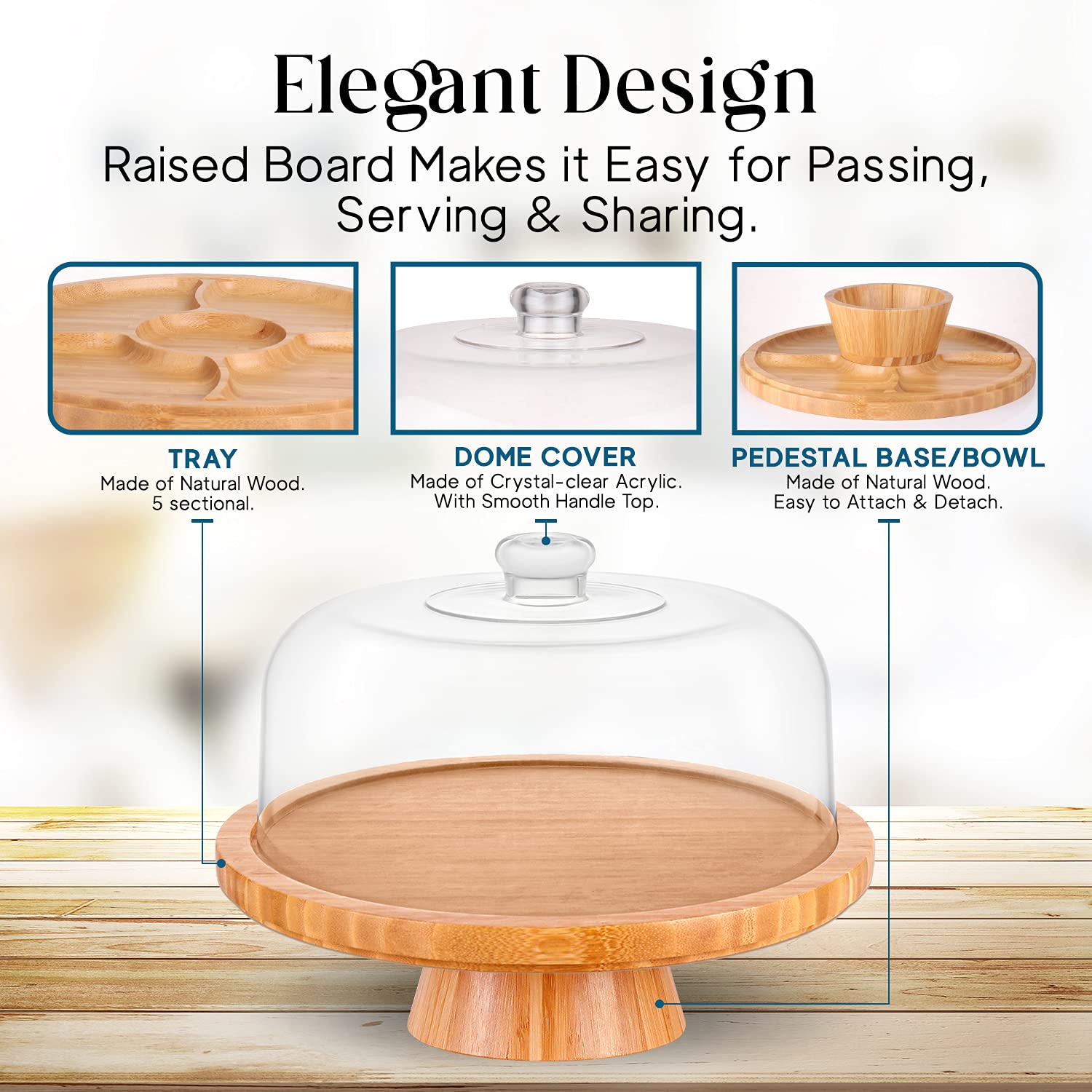 Homeries 6-in-1 Bamboo Cake Stand with Lid - Multi-Functional Serving Platter & Cake Display Stand with Dome - Perfect for Weddings, Birthday Parties, Dessert Buffets & Home Baking Display