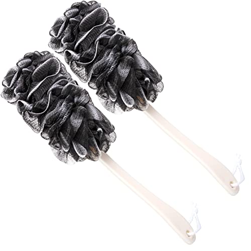Arswin Long Handle Back Scrubber for Shower - 2 Pack Soft Nylon Mesh Exfoliating Bath Brush with Loofah - Ideal for Men, Women & Elderly - Perfect for Deep Cleaning, Back Scrubbing & Skin Exfoliation in Shower or Bath (Black)