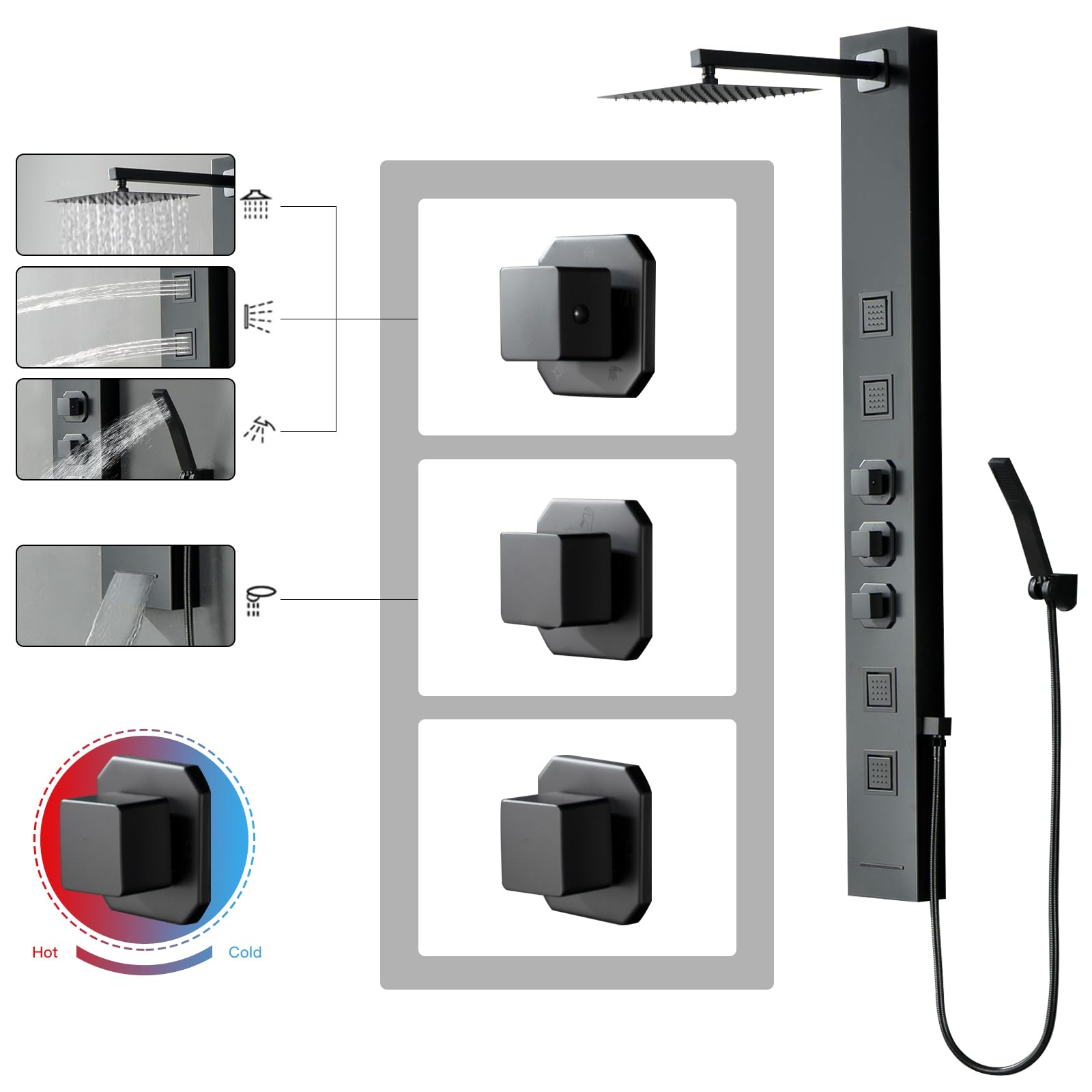 Homevacious Stainless Steel Shower Panel Tower System - Wall Mount Rainfall Shower Head with 4 Massage Jets, Handheld Shower & Tub Spout - Matte Black Bathroom Upgrade for Spa-Like Experience