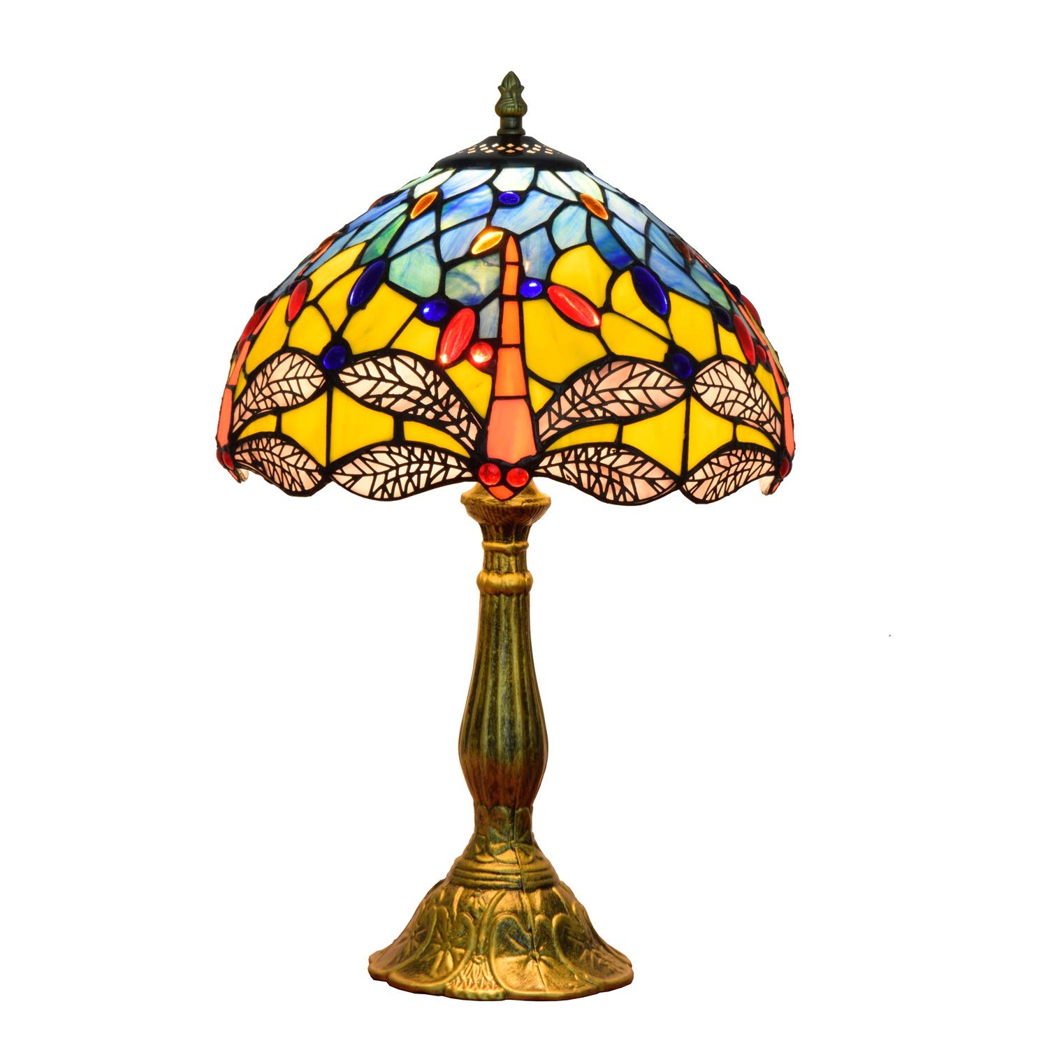 Vintage Tiffany Style Table Lamp - 12 Inch Stained Glass Dragonfly Design, Yellow Shade for Reading & Decor | Perfect for Bedroom, Living Room, Coffee Bar & Office Desk Lighting