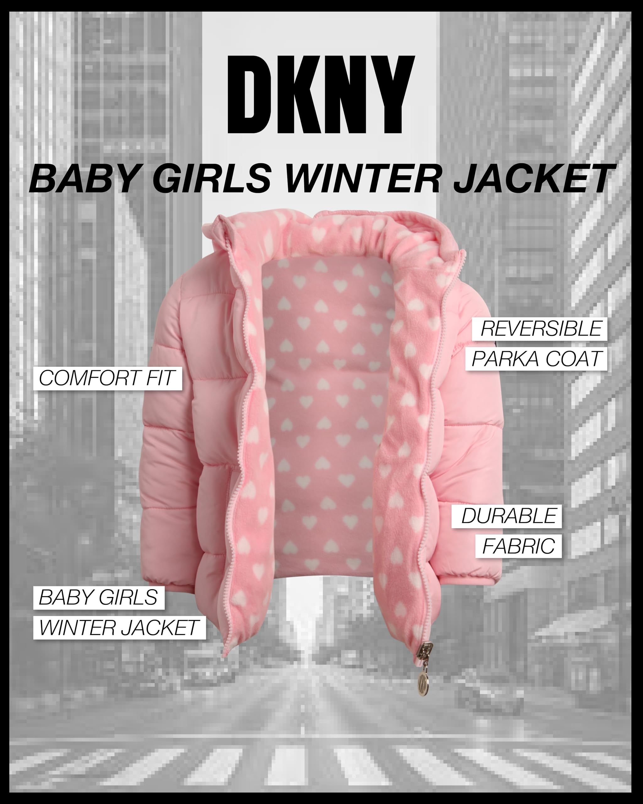DKNY Baby Girls Reversible Winter Puffer Jacket with Fleece Lining - Warm Coat for Infants & Toddlers (12M-4T) - Perfect for Snow Days & Outdoor Play