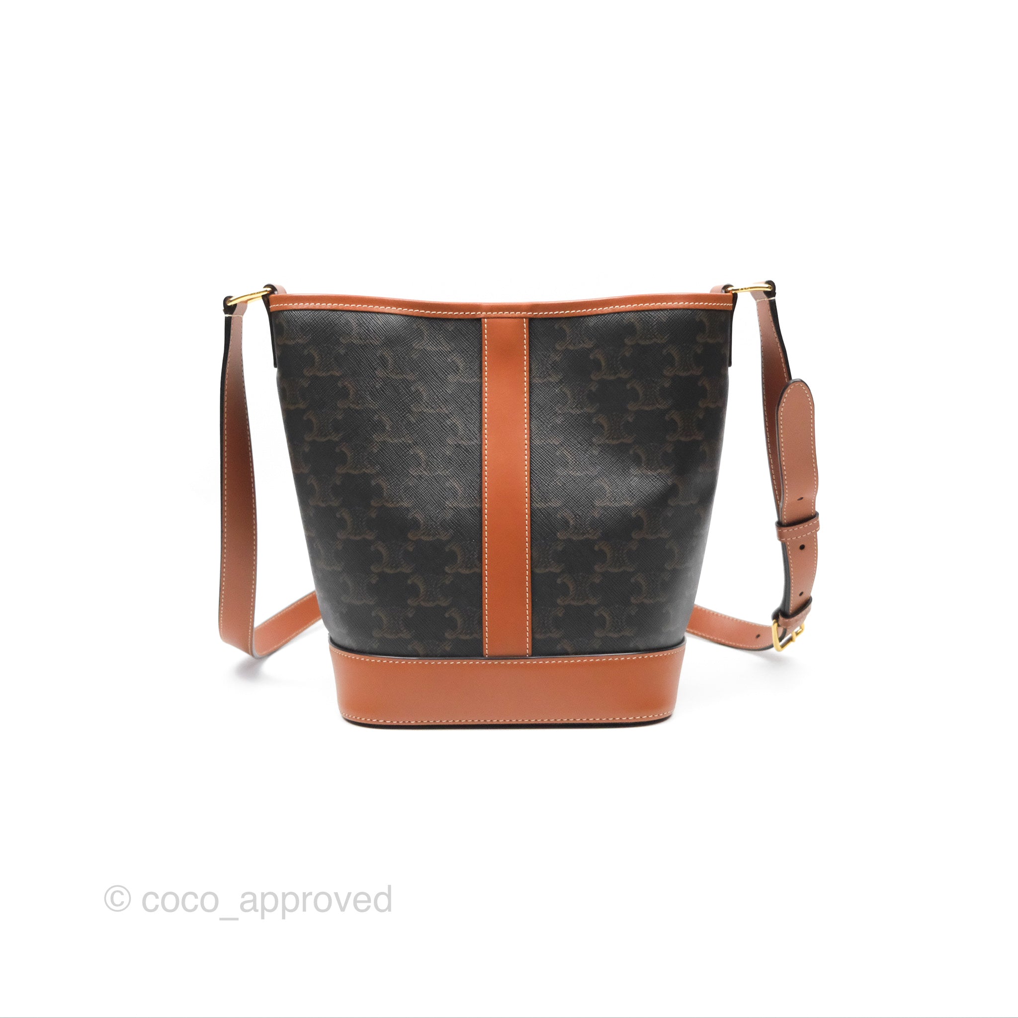 Celine Small Bucket Bag in Triomphe Canvas & Tan Calfskin Leather - Perfect for Everyday Use, Work & Travel