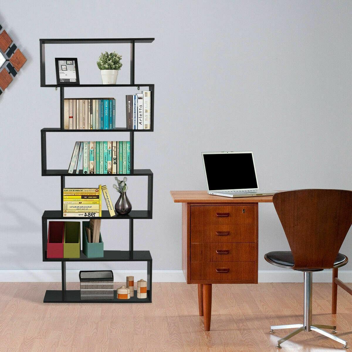 6 Tier S-Shaped Bookcase - Modern Z-Shelf Storage Display for Books, Magazines & Closet Organization - Black | Perfect for Living Room, Bedroom & Office Storage Solutions