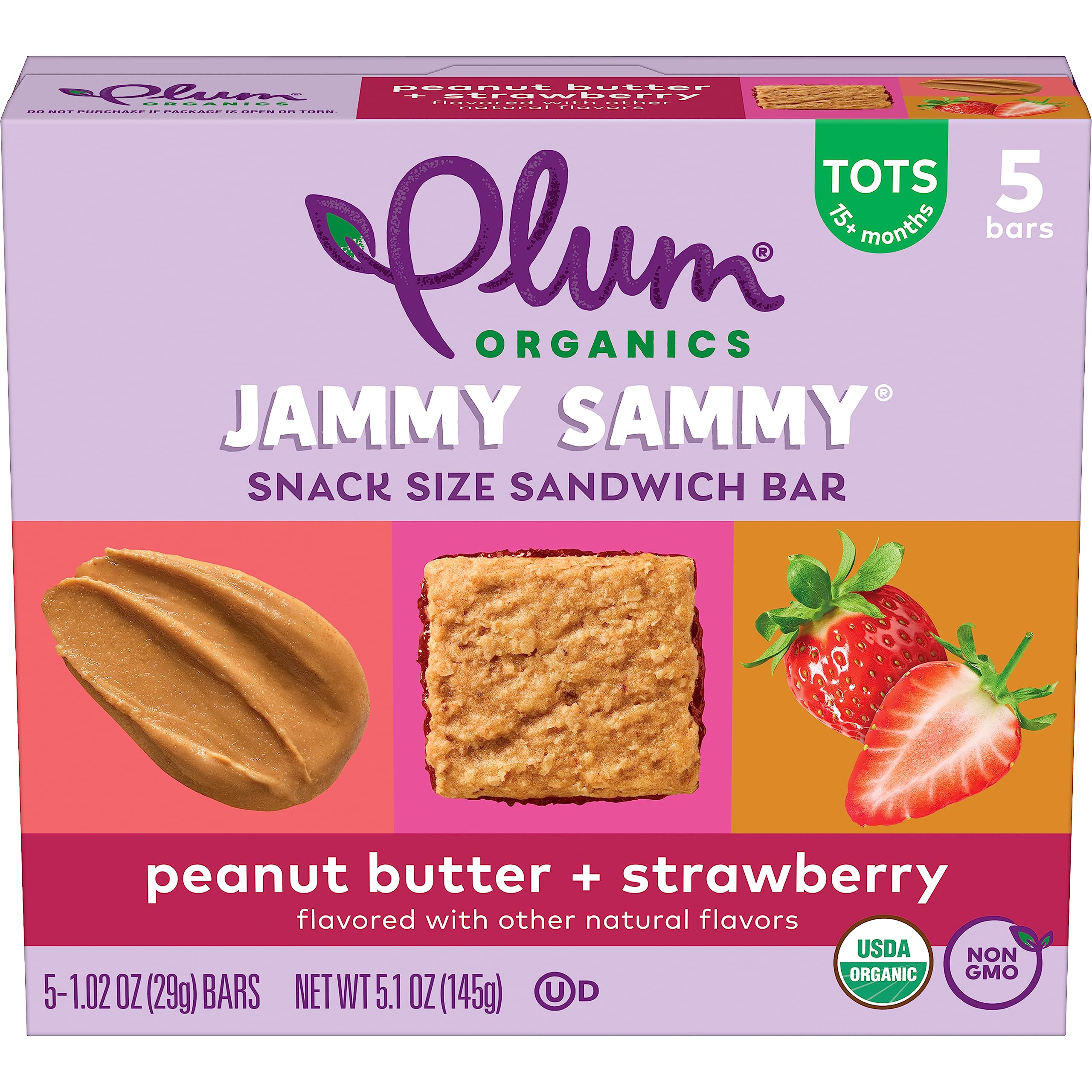 Organic Peanut Butter Strawberry Jammy Sammy Bars - Pack of 30 for Toddler Snacks & On-the-Go