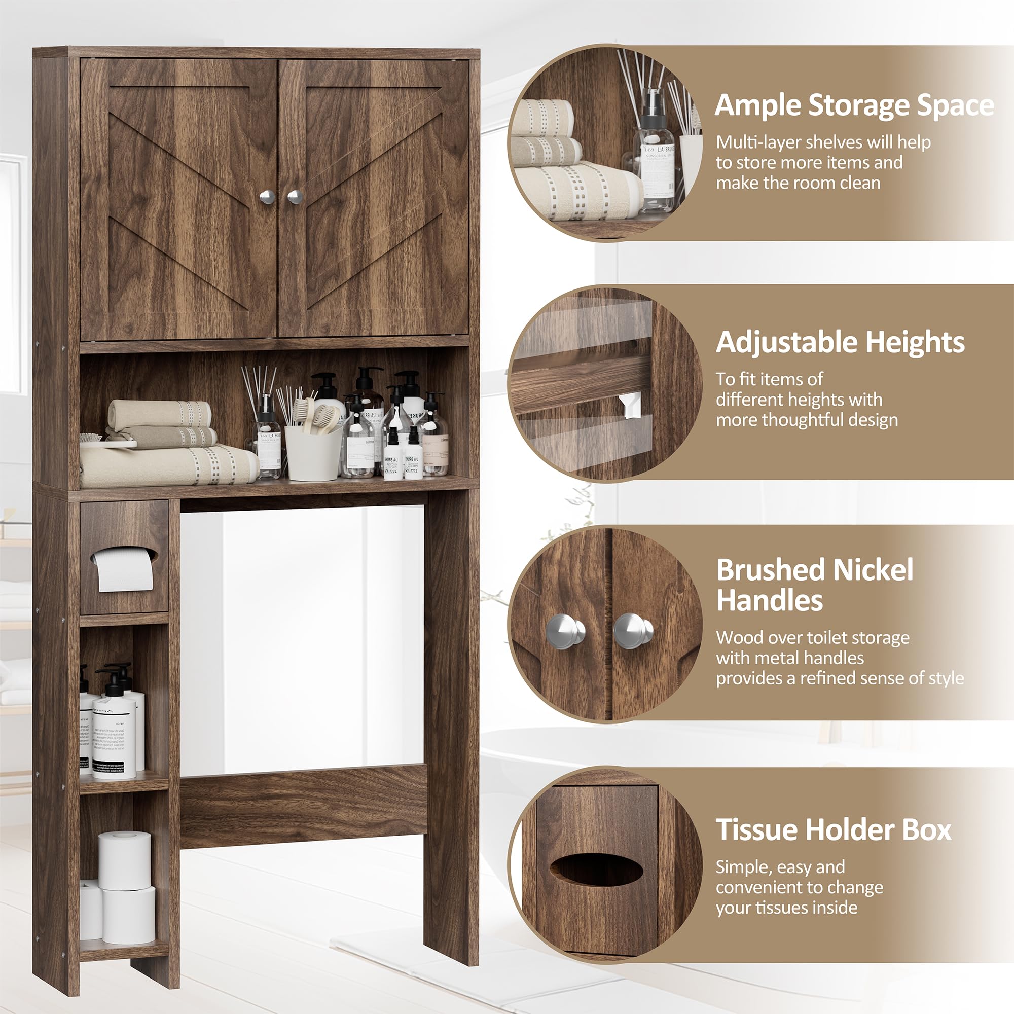 Meilocar Over The Toilet Storage Cabinet - Farmhouse Style Bathroom Organizer with Adjustable Shelf & Toilet Paper Holder | Freestanding Space Saver for Small Bathrooms | Perfect for Toiletries, Towels & Bathroom Essentials (Walnut)