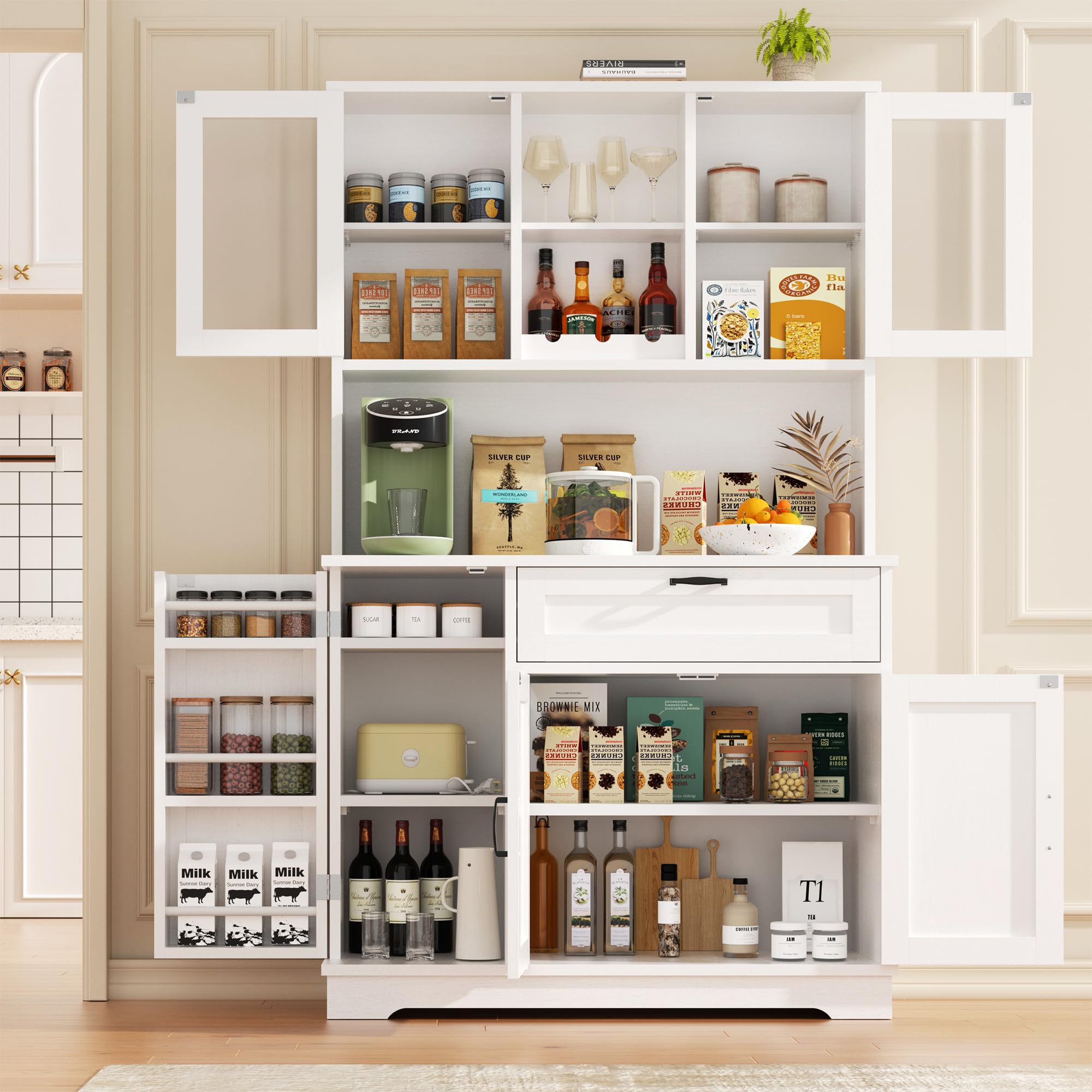 Modern White Tall Kitchen Pantry Cabinet with Hutch & Microwave Stand - Glass Door Storage for Coffee Bar, Dining Room - Perfect for Small Spaces & Kitchen Organization