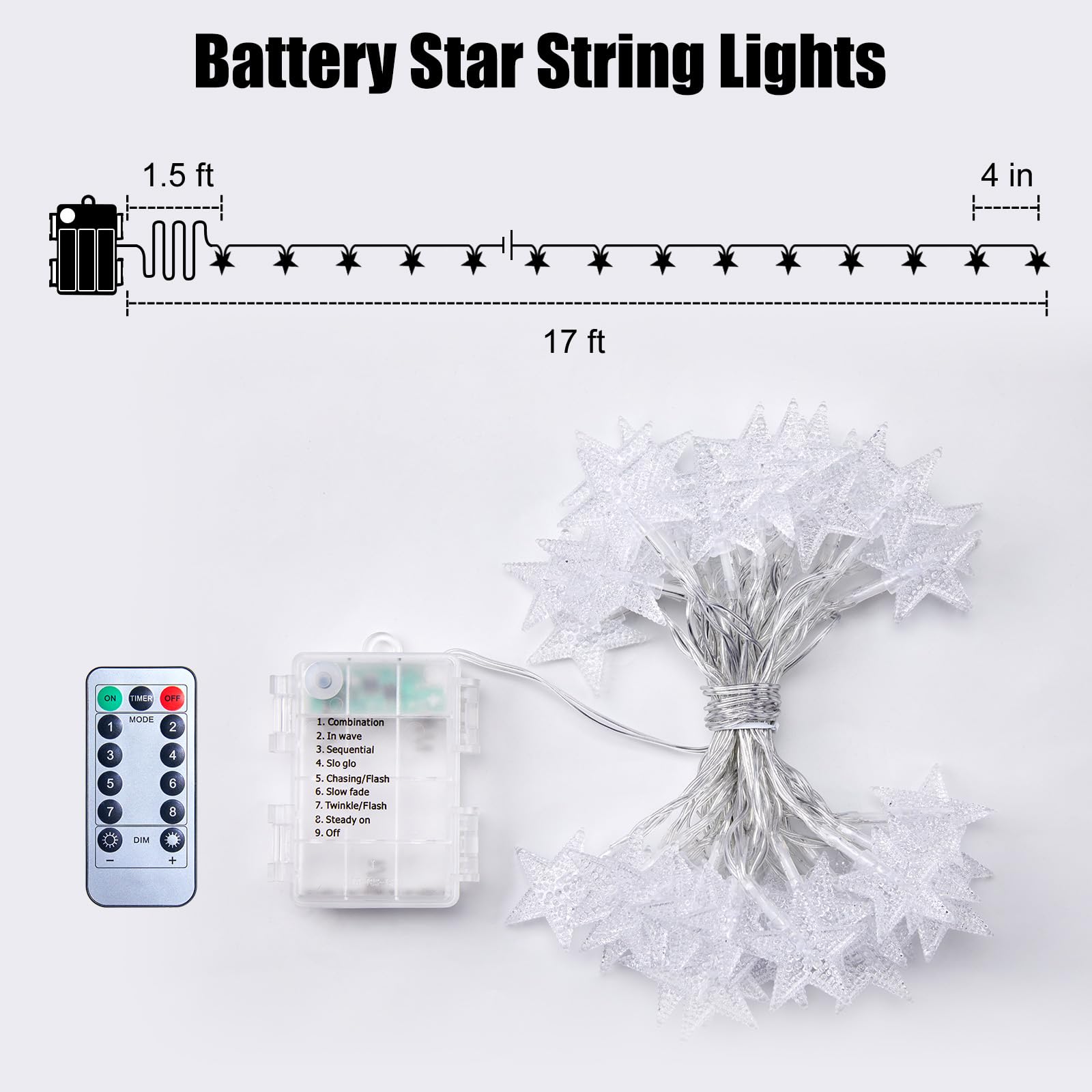 Brightown 50 LED Star String Lights - 17 ft Battery Operated Fairy Lights with Remote & Timer, 8 Lighting Modes, Waterproof for Indoor Outdoor Use - Perfect for Bedroom, Tent, Loft, Patio, Wedding & Party Decor (Warm White)