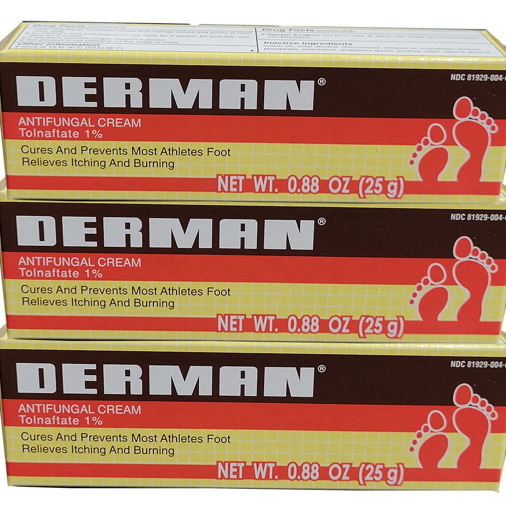 Derman Antifungal Cream for Athlete's Foot Treatment - 3 Pack (0.88 Oz Each) | Fast-Acting Relief for Itching, Burning & Cracked Skin | Ideal for Gym, Pool & Sports Activities