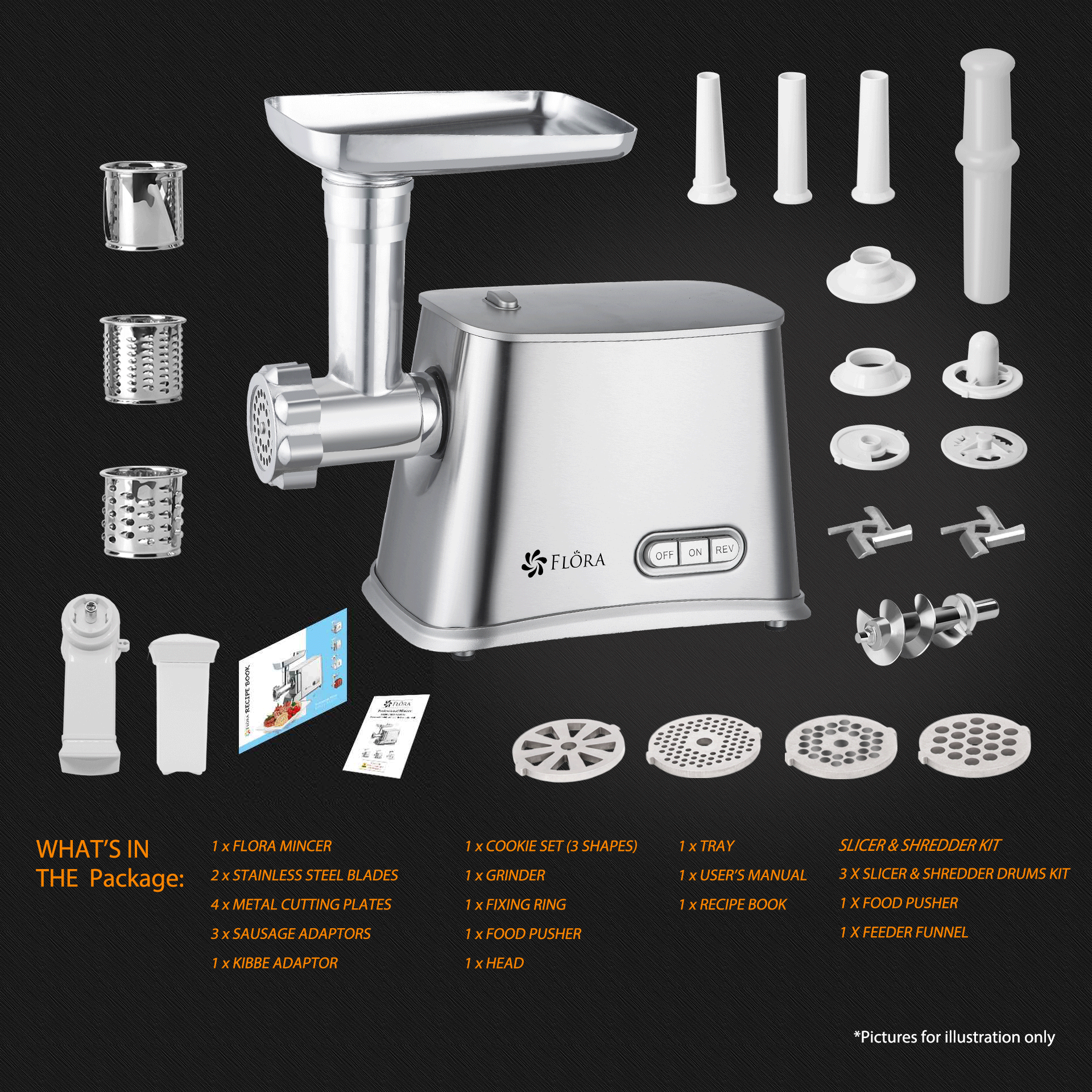 Flora Max 2800W Electric Meat Grinder - Sausage Stuffer, Kibbeh Maker, Food Slicer & Shredder Kit (Model FL MGM GS550) - Perfect for Home Kitchen, Butcher Shop & BBQ Parties